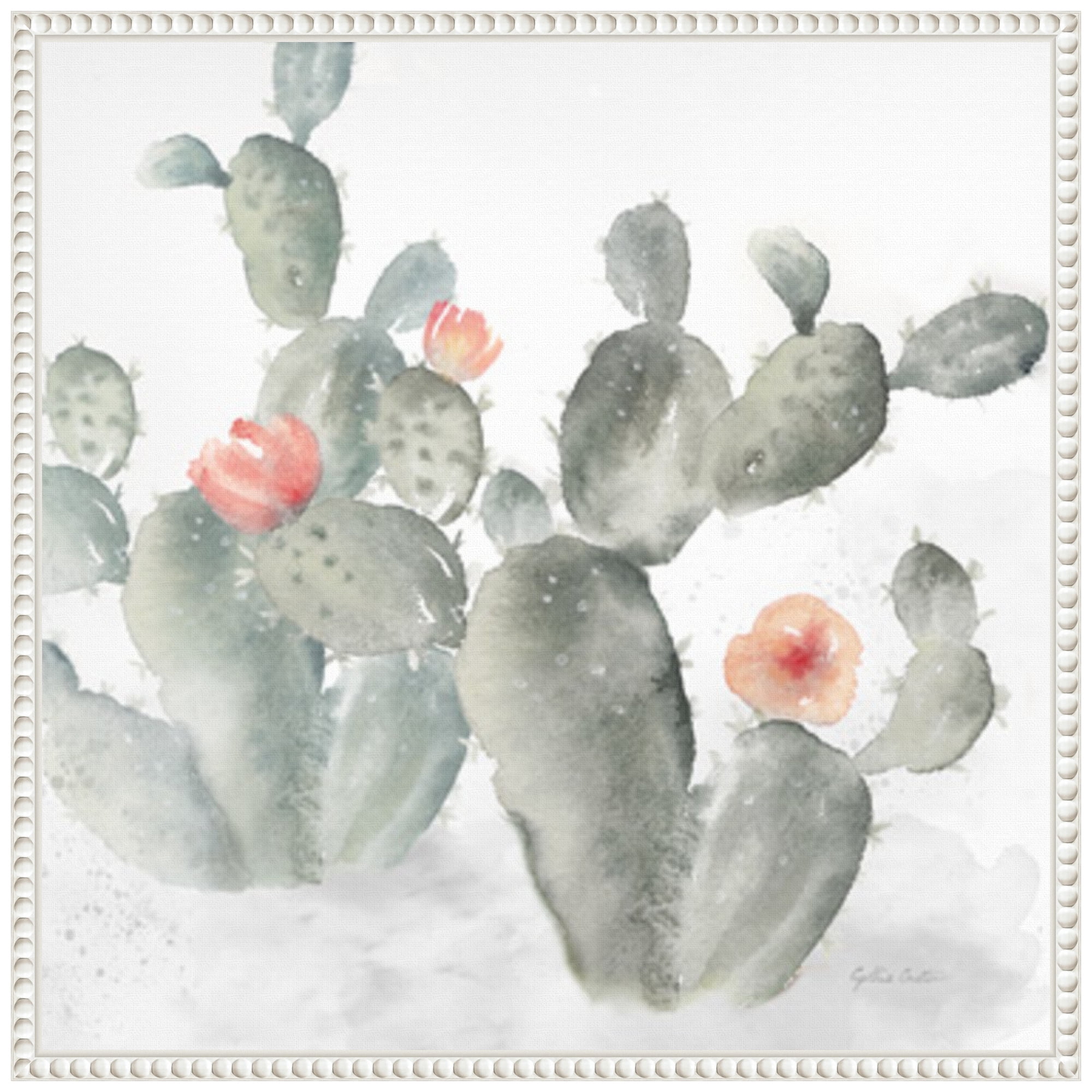 Cactus Garden Gray Blush III Watercolor Canvas Print with White Floater Frame