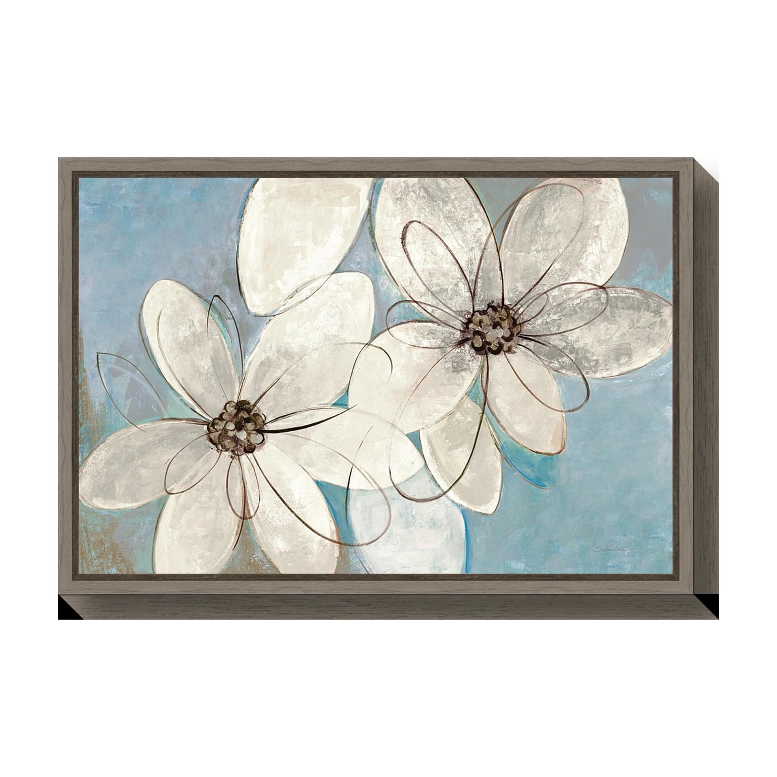 Silvia Vassileva Blue and Neutral Floral Canvas Print with Gray Frame