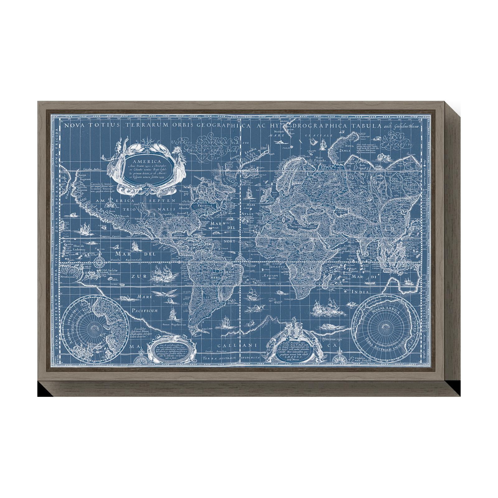 Framed Blue and White Canvas World Map Print