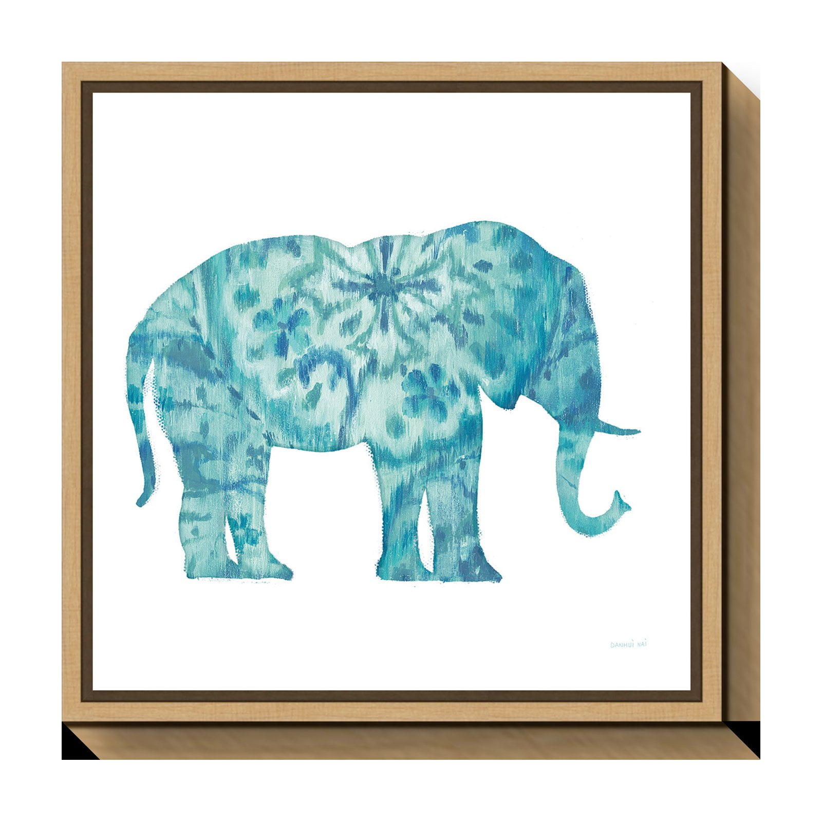 Teal Elephant Bohemian Canvas Print with Natural Frame, 16" x 16"