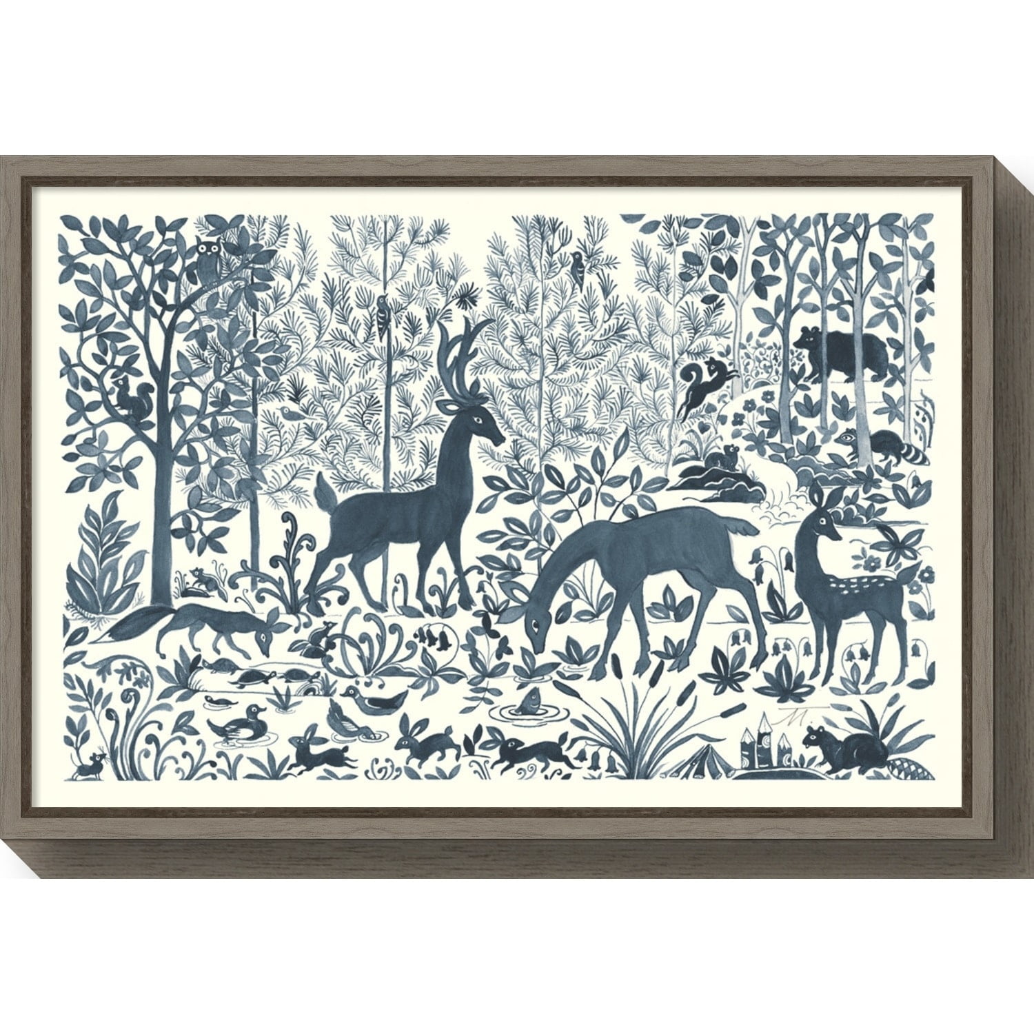 Forest Life I Blue and White Framed Canvas Art