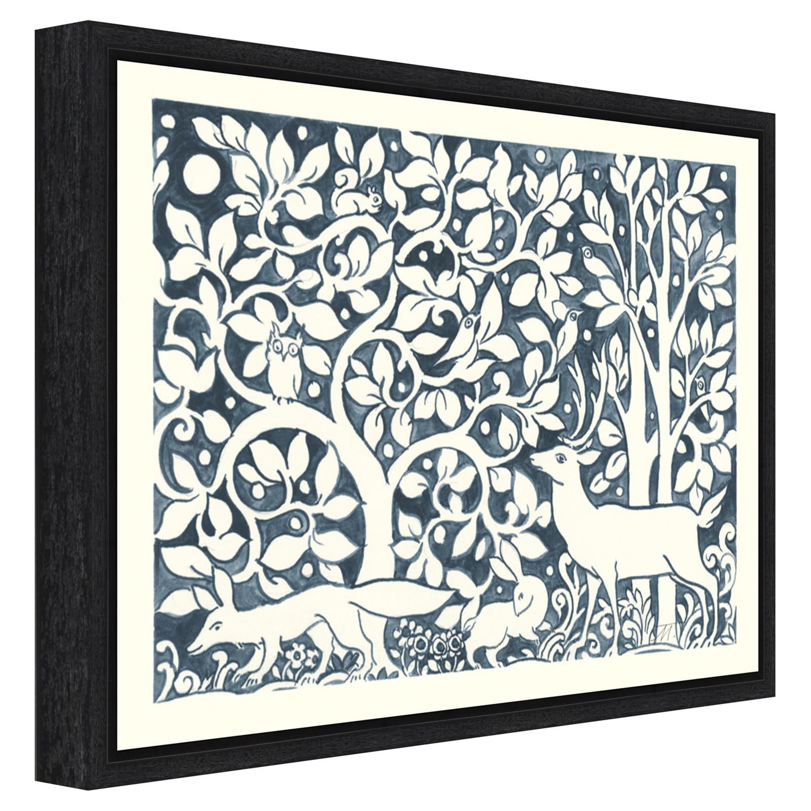 Forest Life IV Navy and White Canvas Art with Black Frame