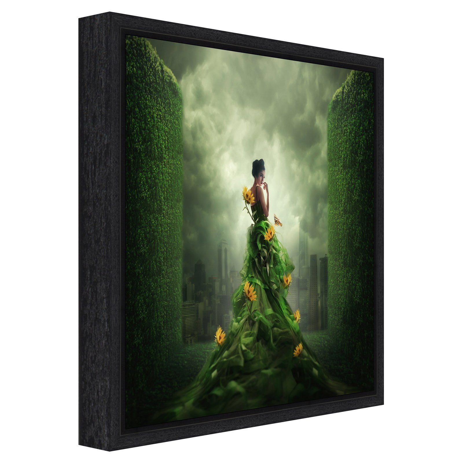 Green and Yellow Floral Canvas Wall Art Print with Black Frame