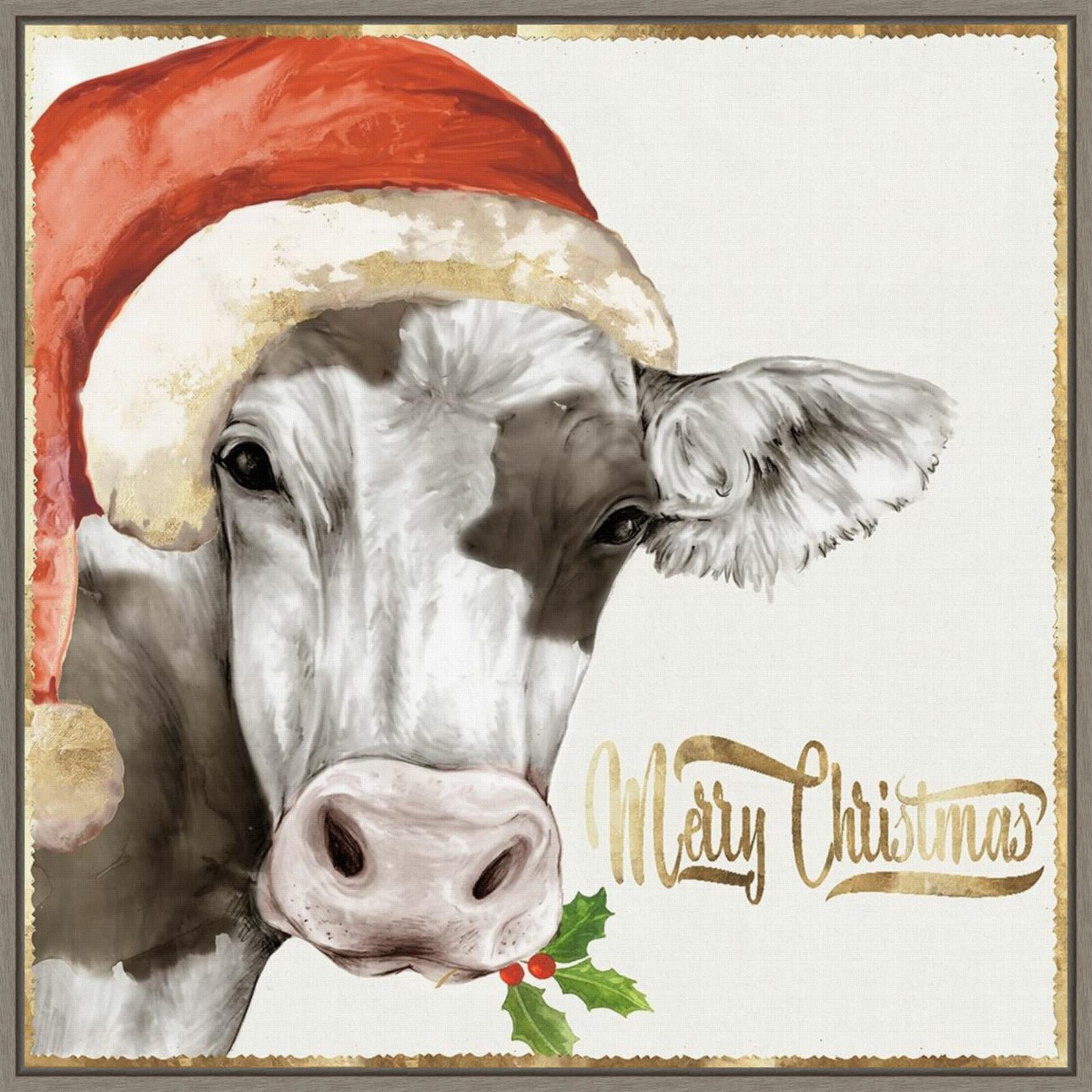 Christmas Cow Framed Canvas Wall Art Print with Santa Hat