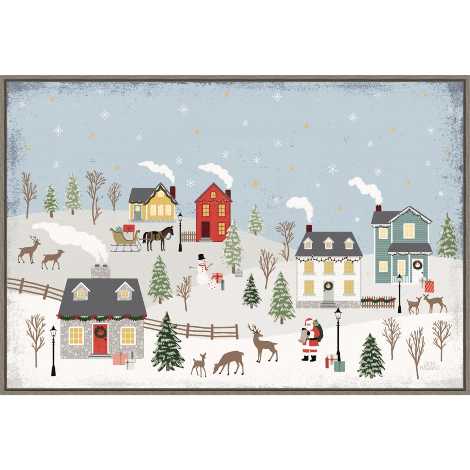 Christmas Village Framed Canvas Print with Santa and Reindeer