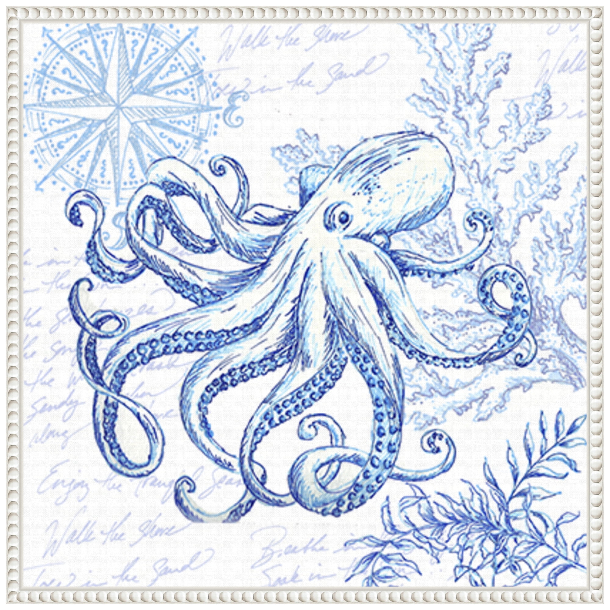 Blue Coastal Octopus Sketch Framed Canvas Wall Art