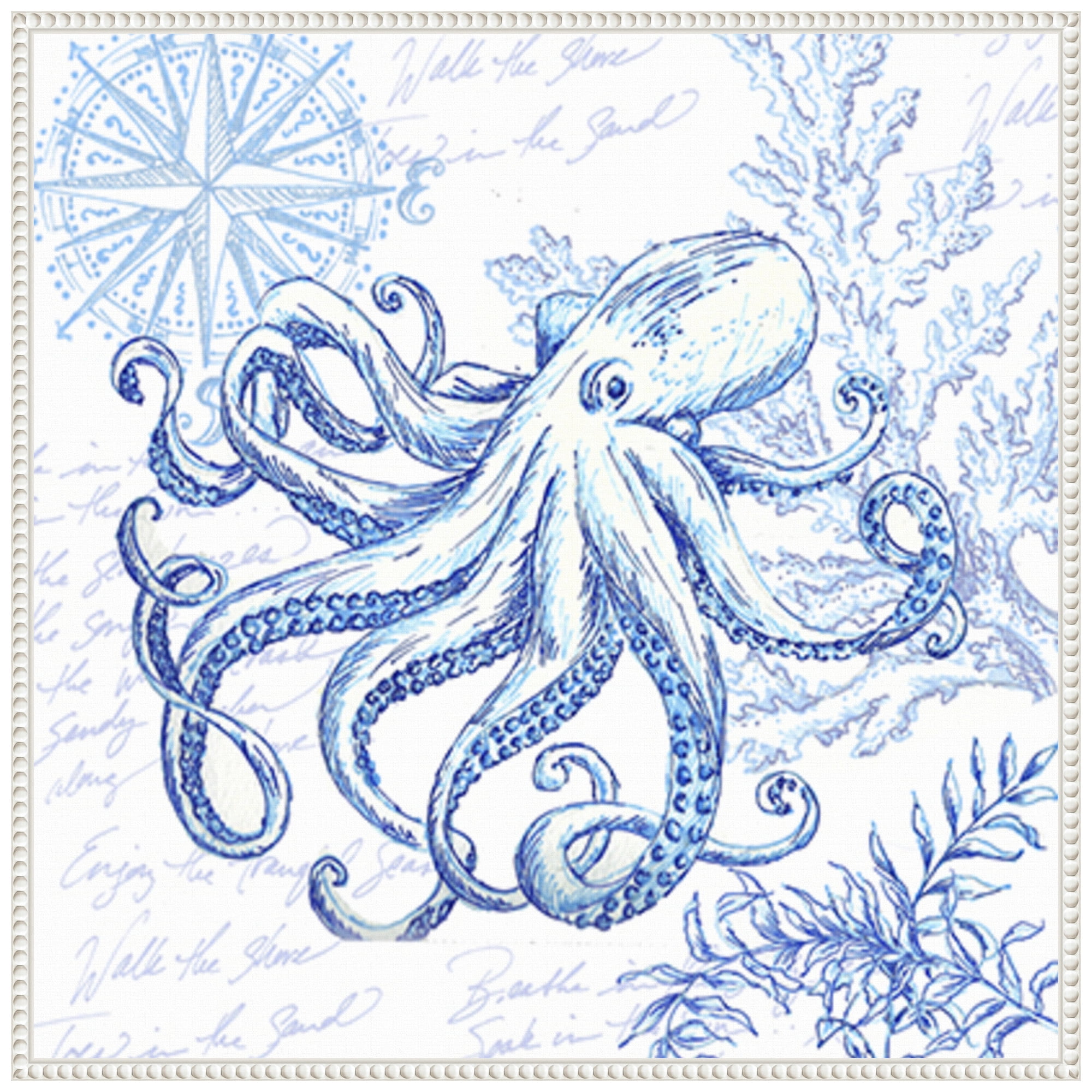 Coastal Sketchbook Octopus Blue and White Canvas Wall Art