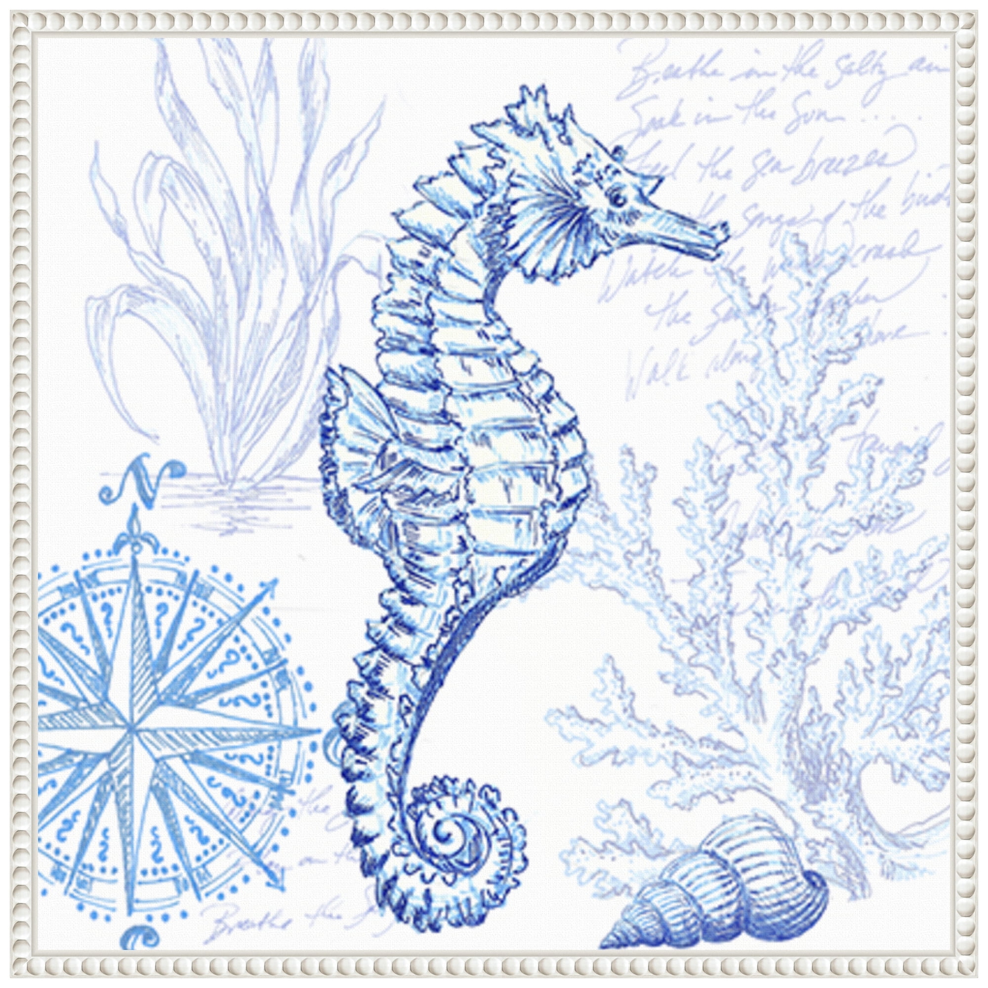 22" Coastal Sketchbook Sea Horse Blue and White Canvas Print