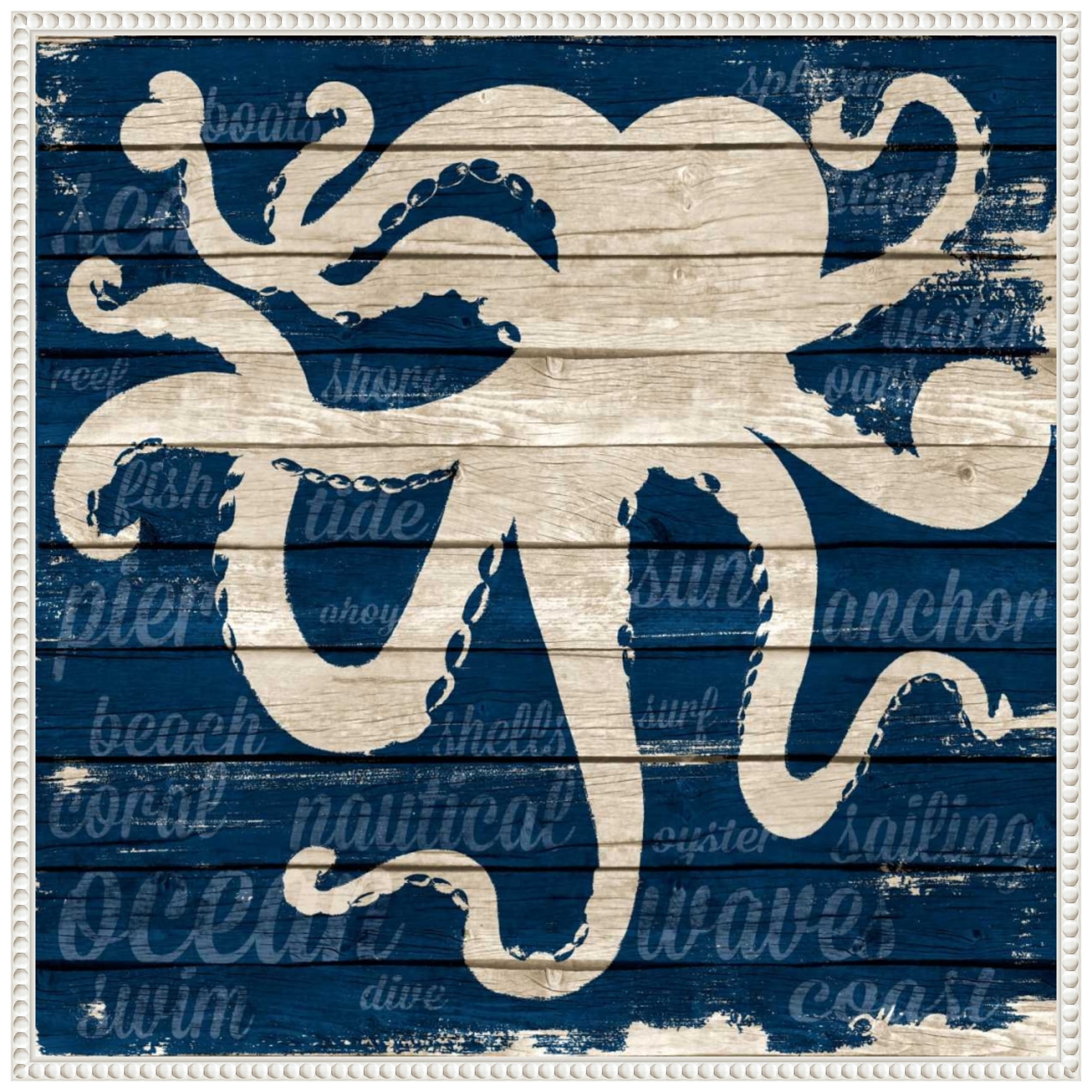 22"x22" Coastal Nautical Octopus Canvas Wall Art in Blue and Beige
