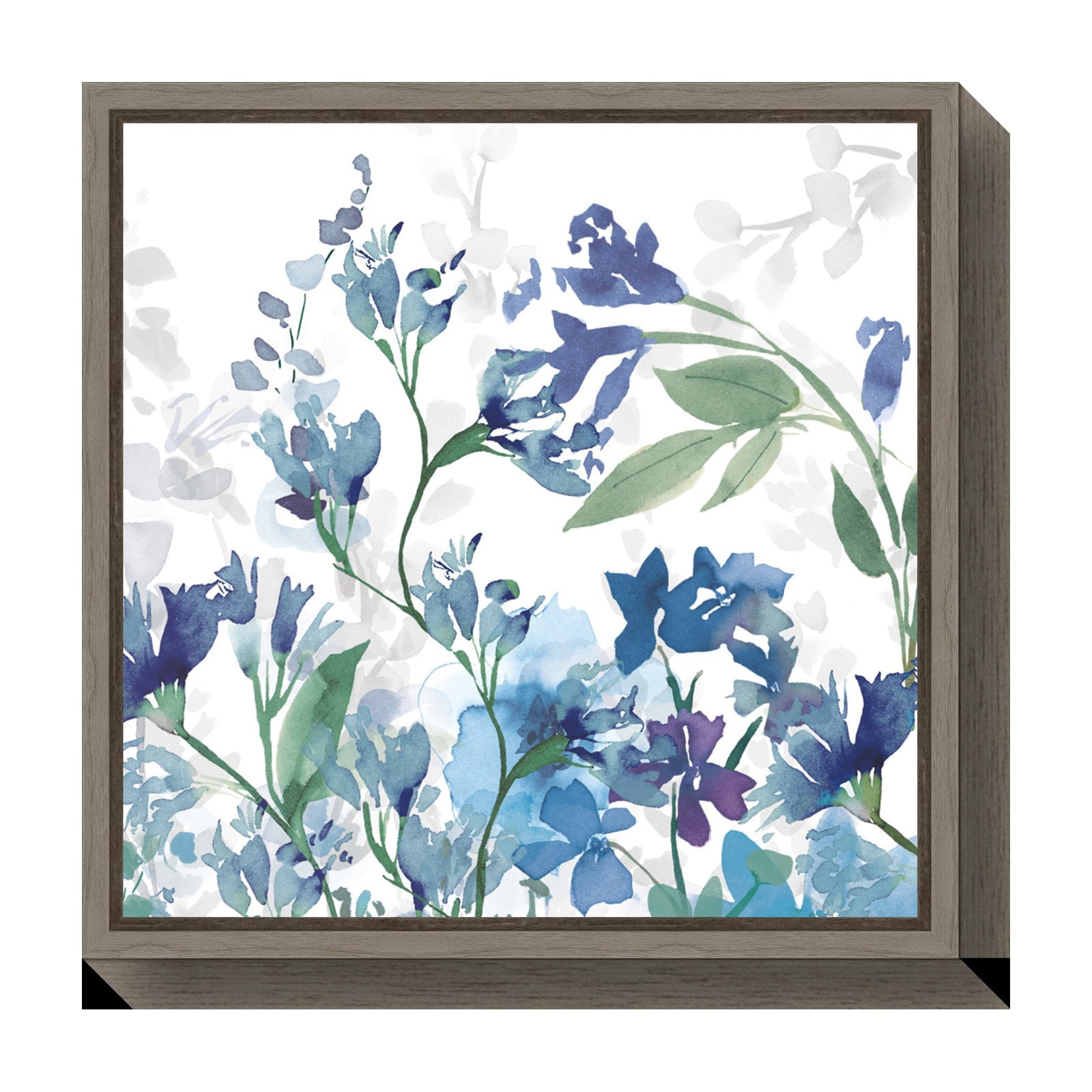 Gray Framed Blue Floral Canvas Wall Art Print 16x16