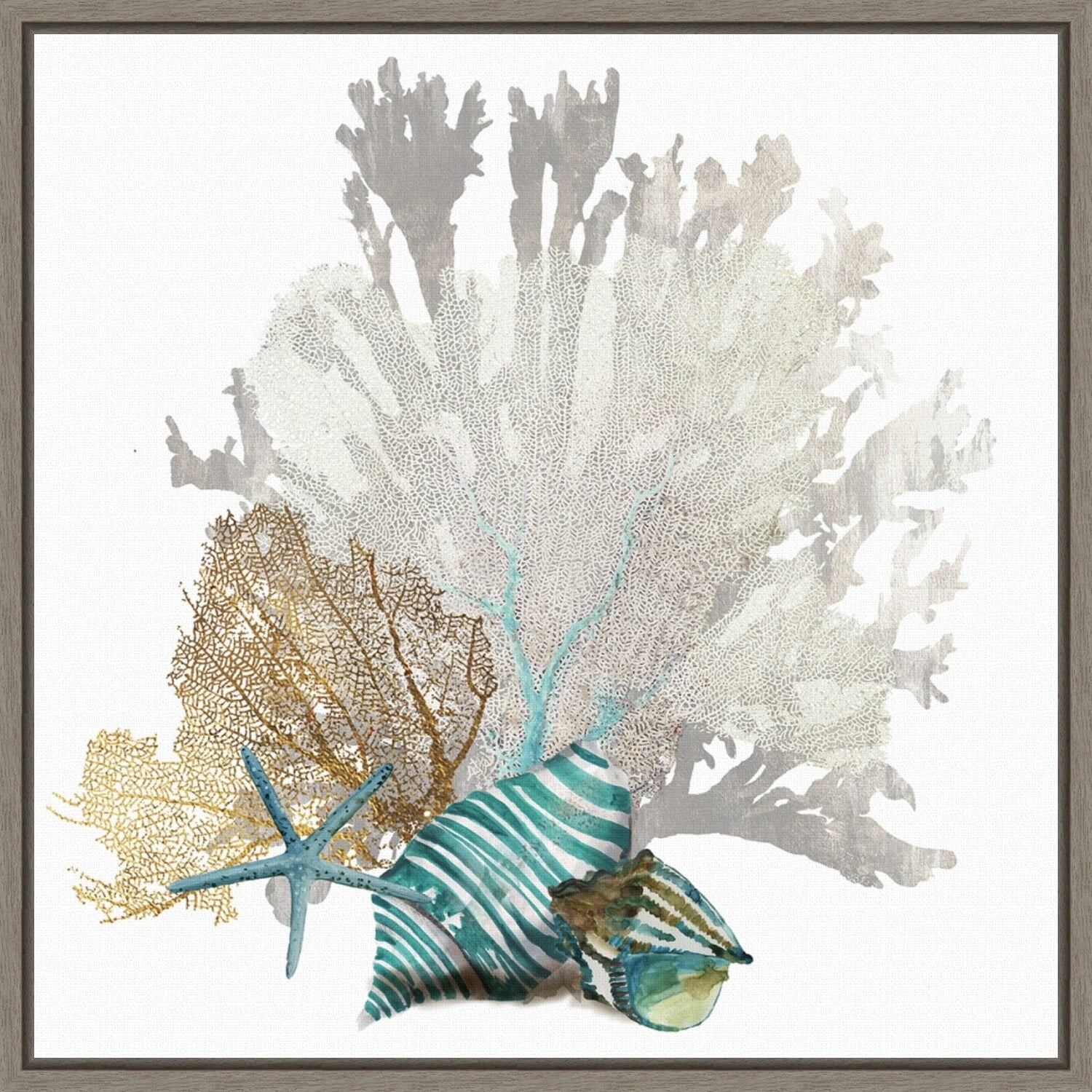 Coastal Coral and Seashells Canvas Art in Gray Frame