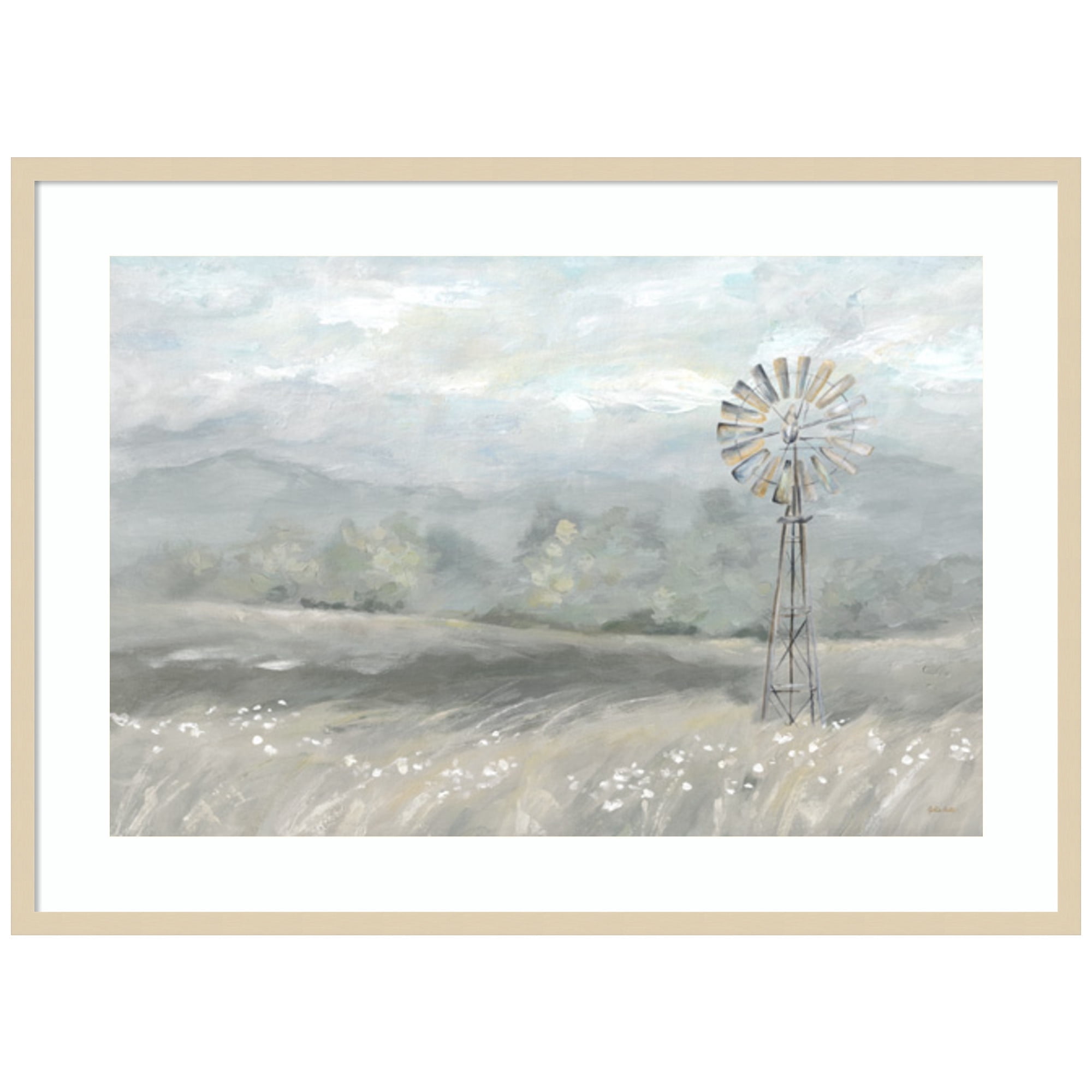 Svelte Natural Framed Country Meadow Windmill Graphic Art Print