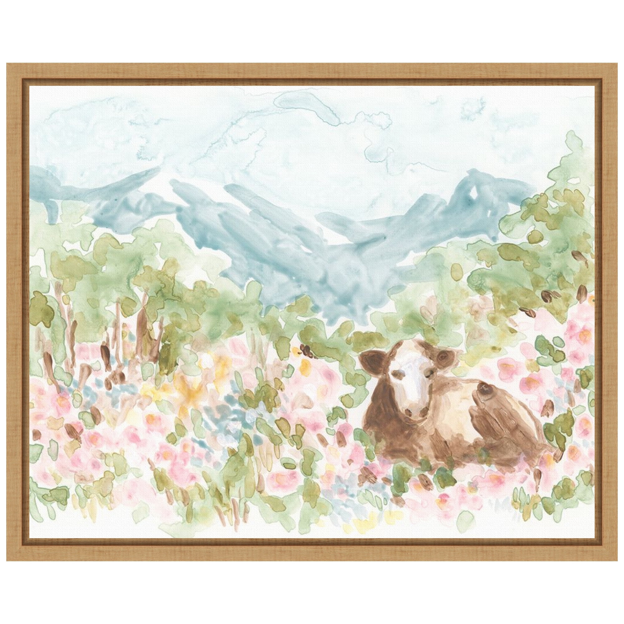 Cow Meadow V Brown Maple Framed Canvas Wall Art