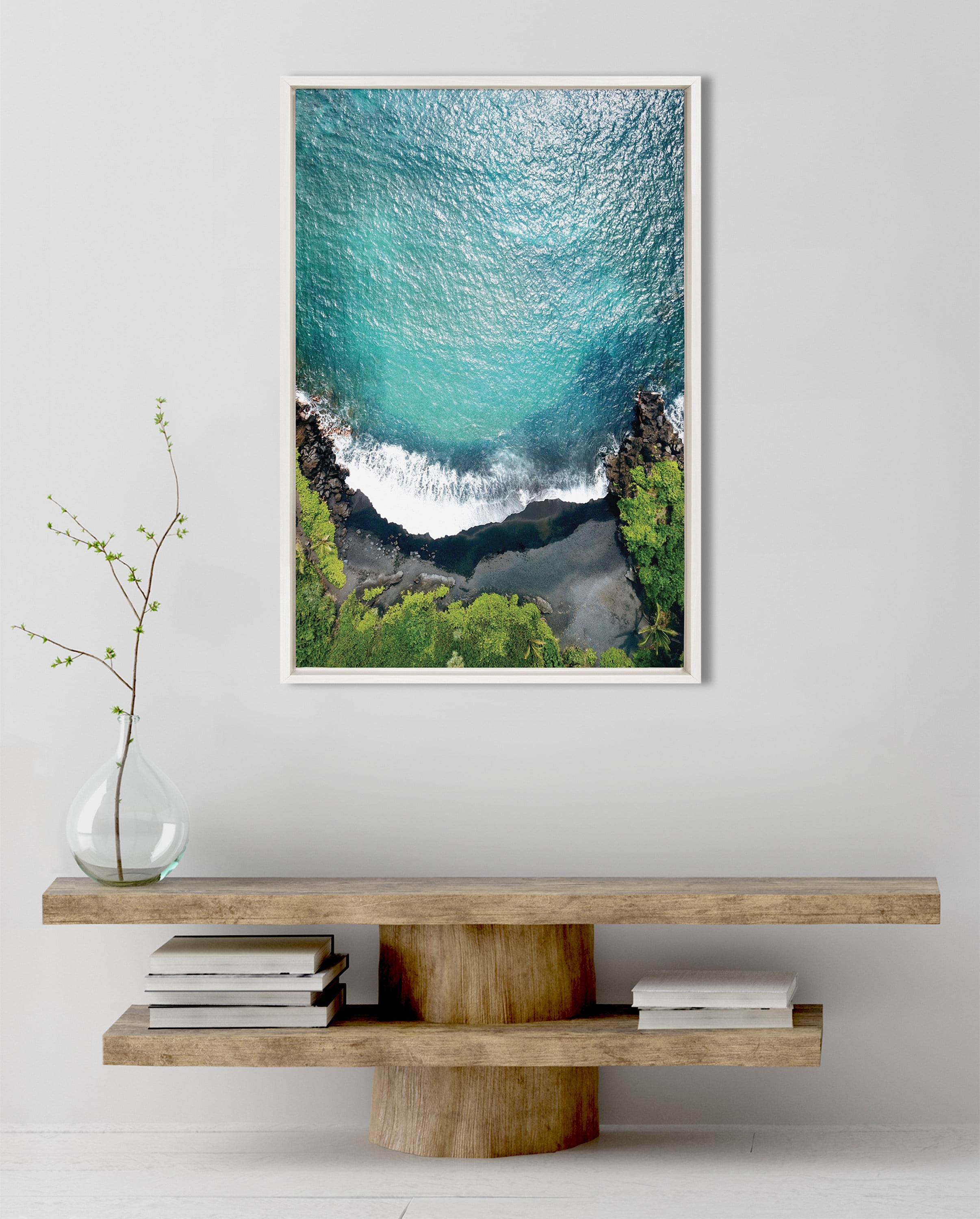 Maui Black Sand Beach Framed Canvas Wall Art, 23x33 White