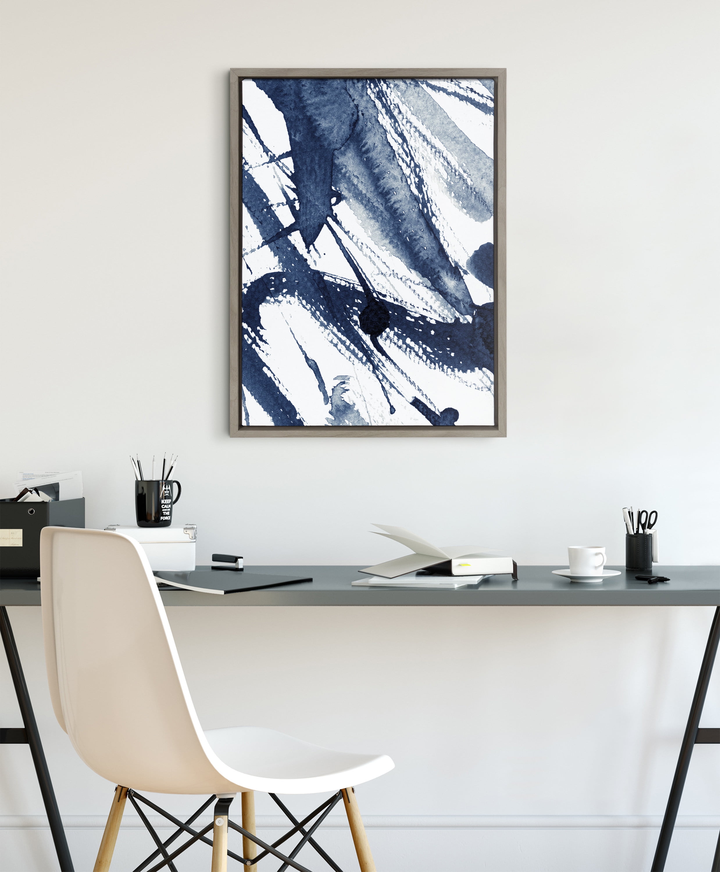 Indigo Abstract Watercolor Canvas Print with Gray Frame, 24x18