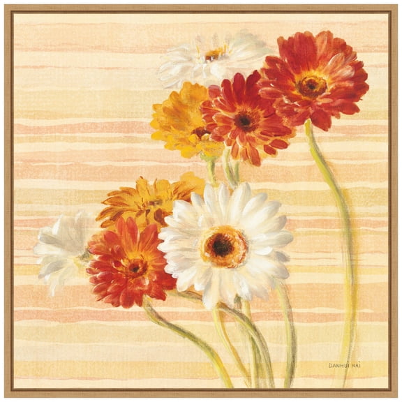 Amanti Art Dancing Gerberas on Stripes Framed Canvas Wall Art Print