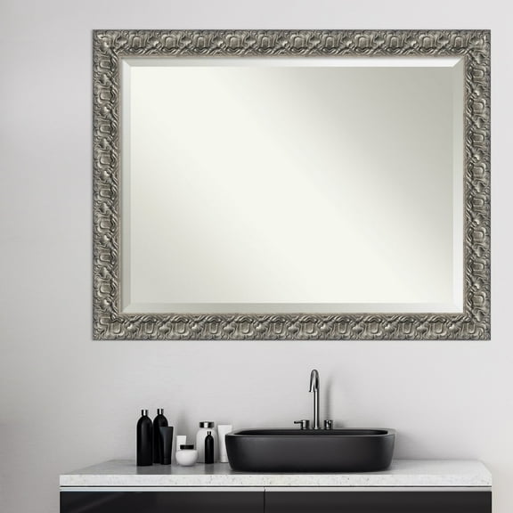 Amanti Art Beveled Wood Bathroom Wall Mirror - Silver Luxor Frame - Outer Size: 46 x 36 in