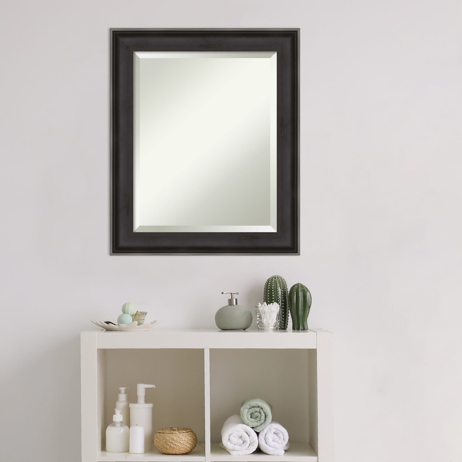 Rectangular Charcoal and Silver Wood Bathroom Vanity Mirror