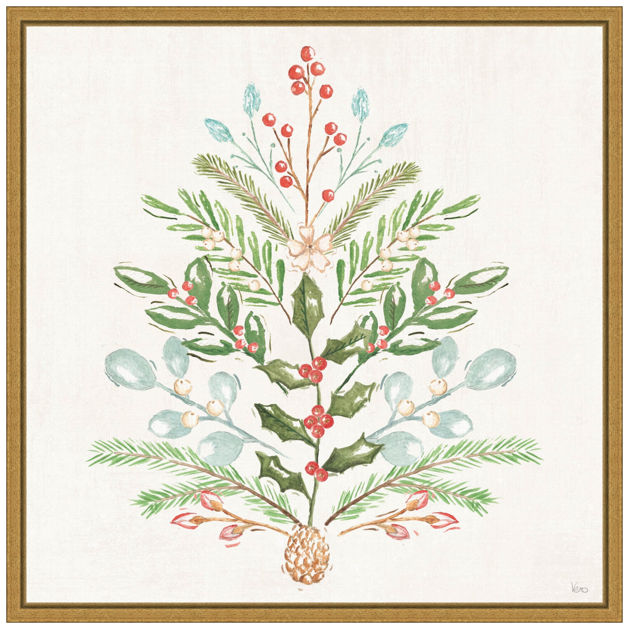 Elegant Holiday Botanical Christmas Tree Canvas Print with Gold Frame