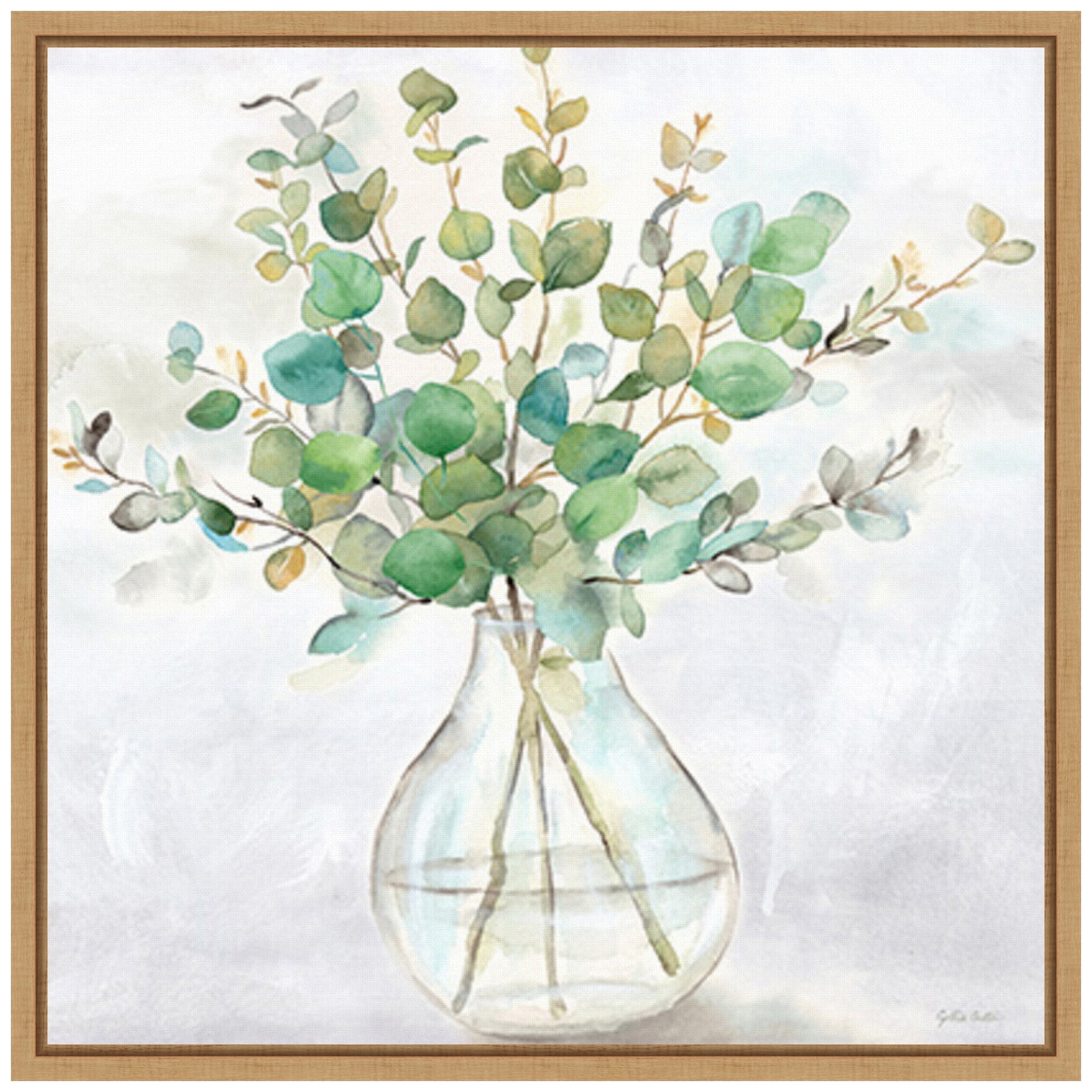 Eucalyptus Vase II Green and Brown Canvas Wall Art with Maple Frame