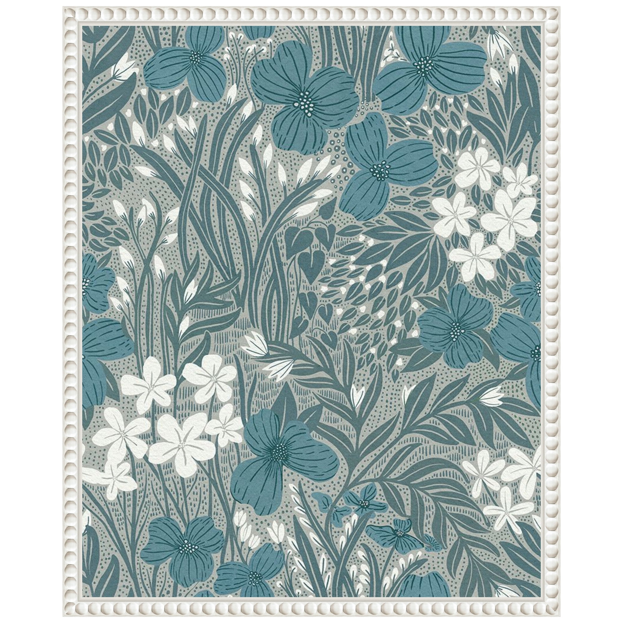 Teal and White Floral Botanical Canvas Wall Art with White Frame, 16x20