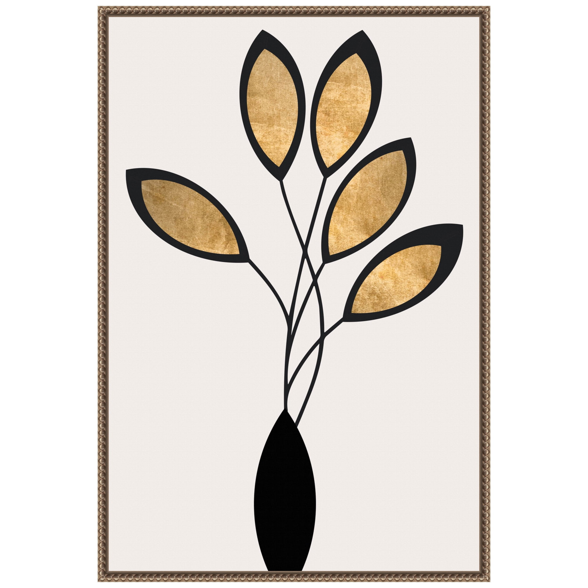 23"x33" Black and Gold Abstract Floral Canvas with Bronze Frame