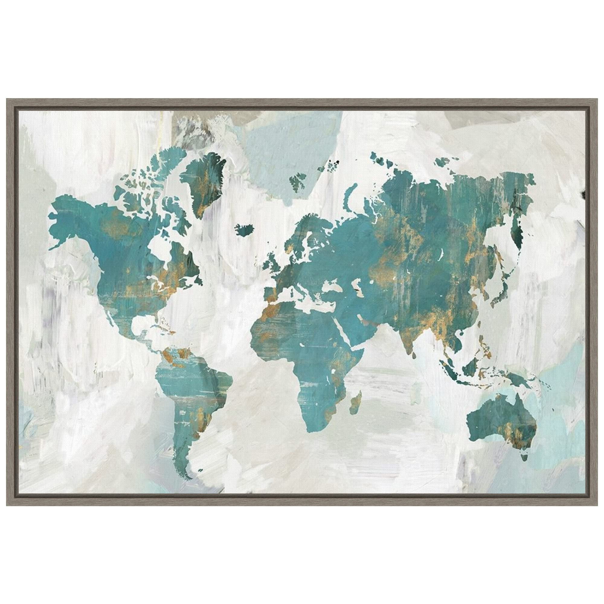 Teal and Gray Framed World Map Canvas Print
