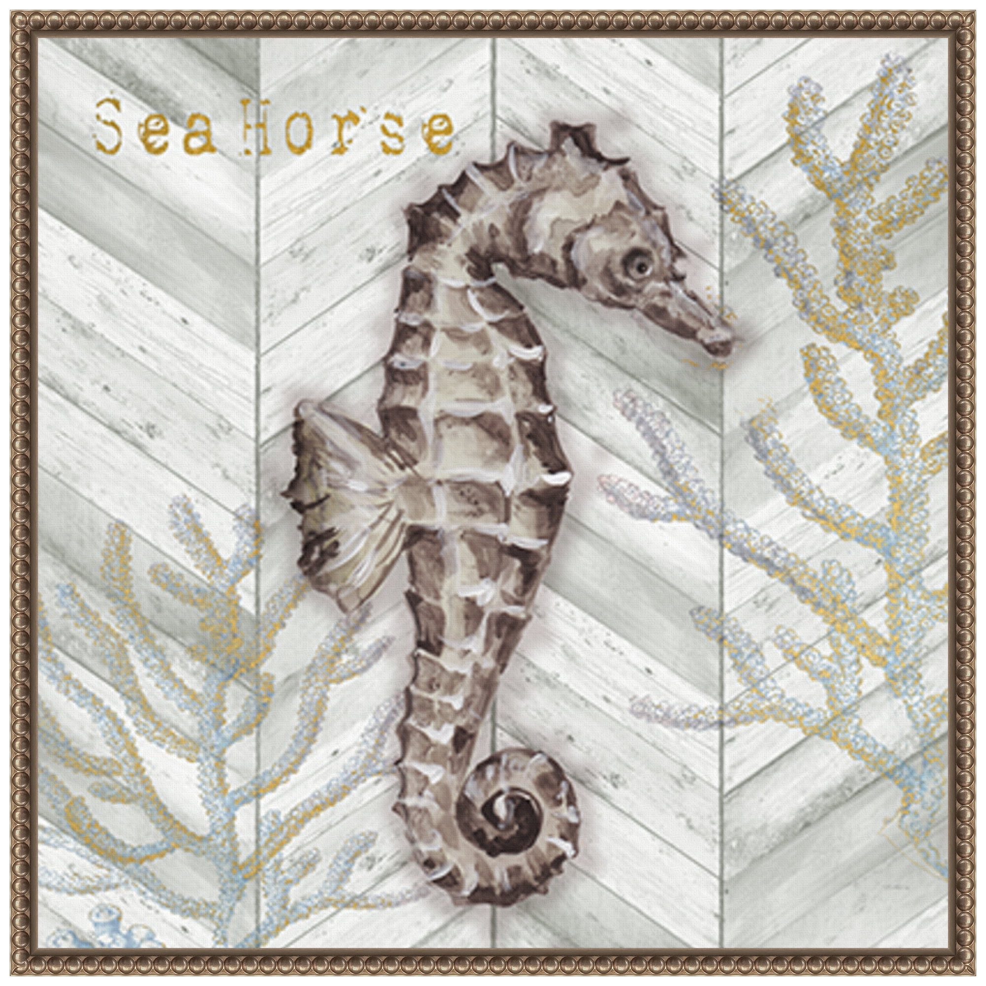 Gray Gold Chevron Seahorse Canvas Wall Art with Bronze Frame