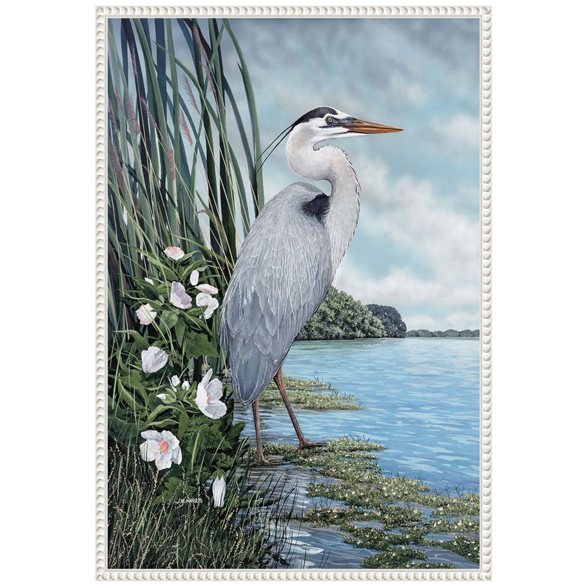 Great Blue Heron Coastal Scene Canvas Wall Art with White Frame