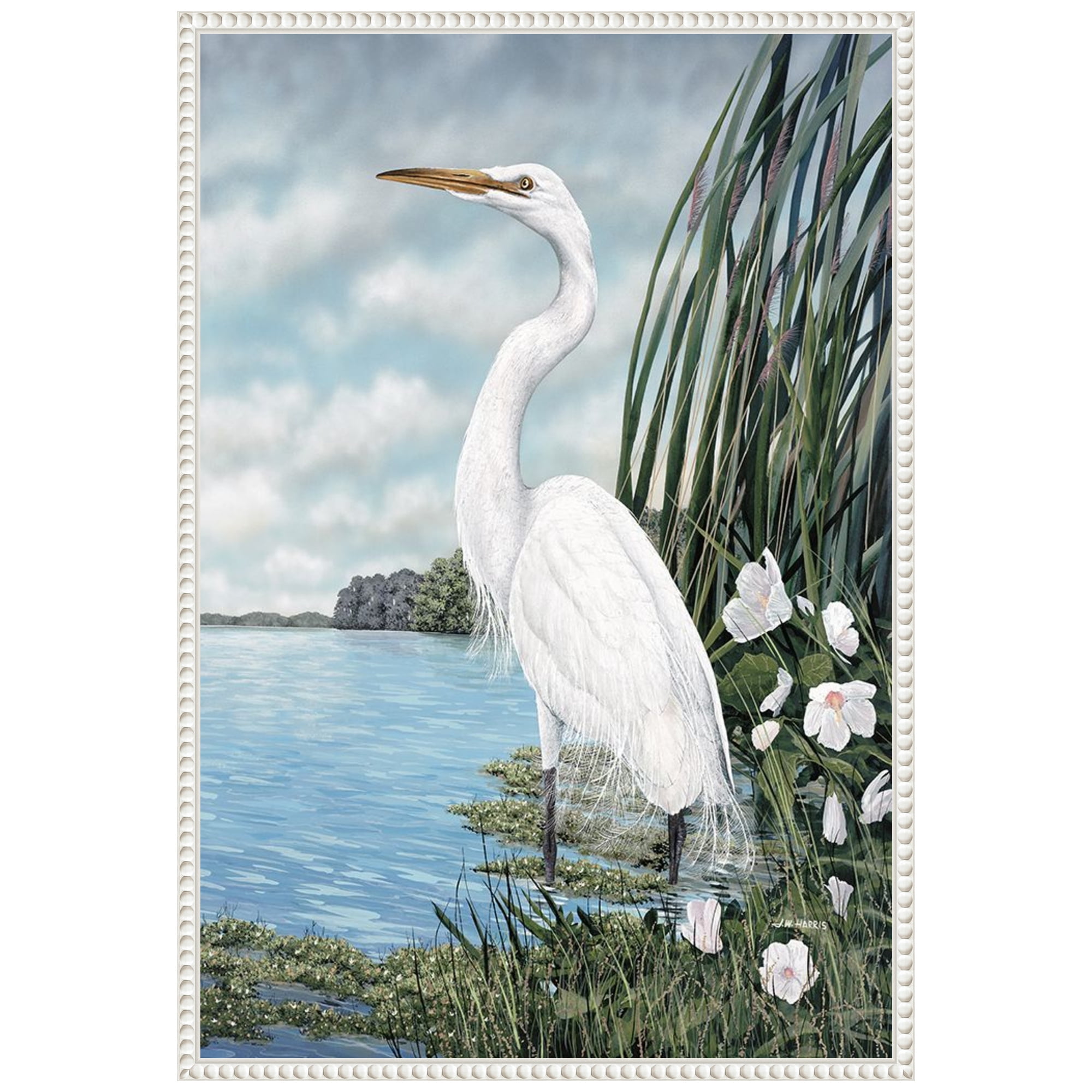 Great White Egret Coastal Scene Beaded Framed Canvas Art