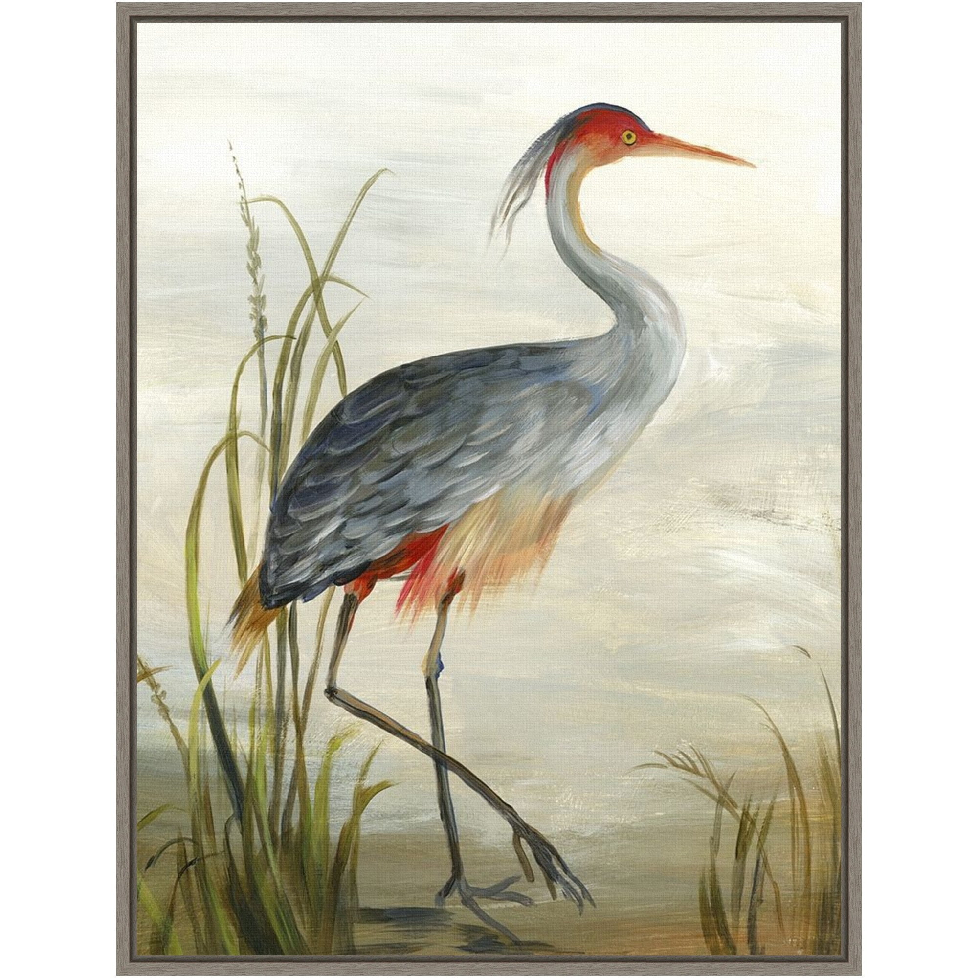 Grey Heron Framed Canvas Wall Art with Graywash Frame