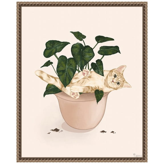 Amanti Art Happy House Plant I Cat Framed Canvas Wall Art Print