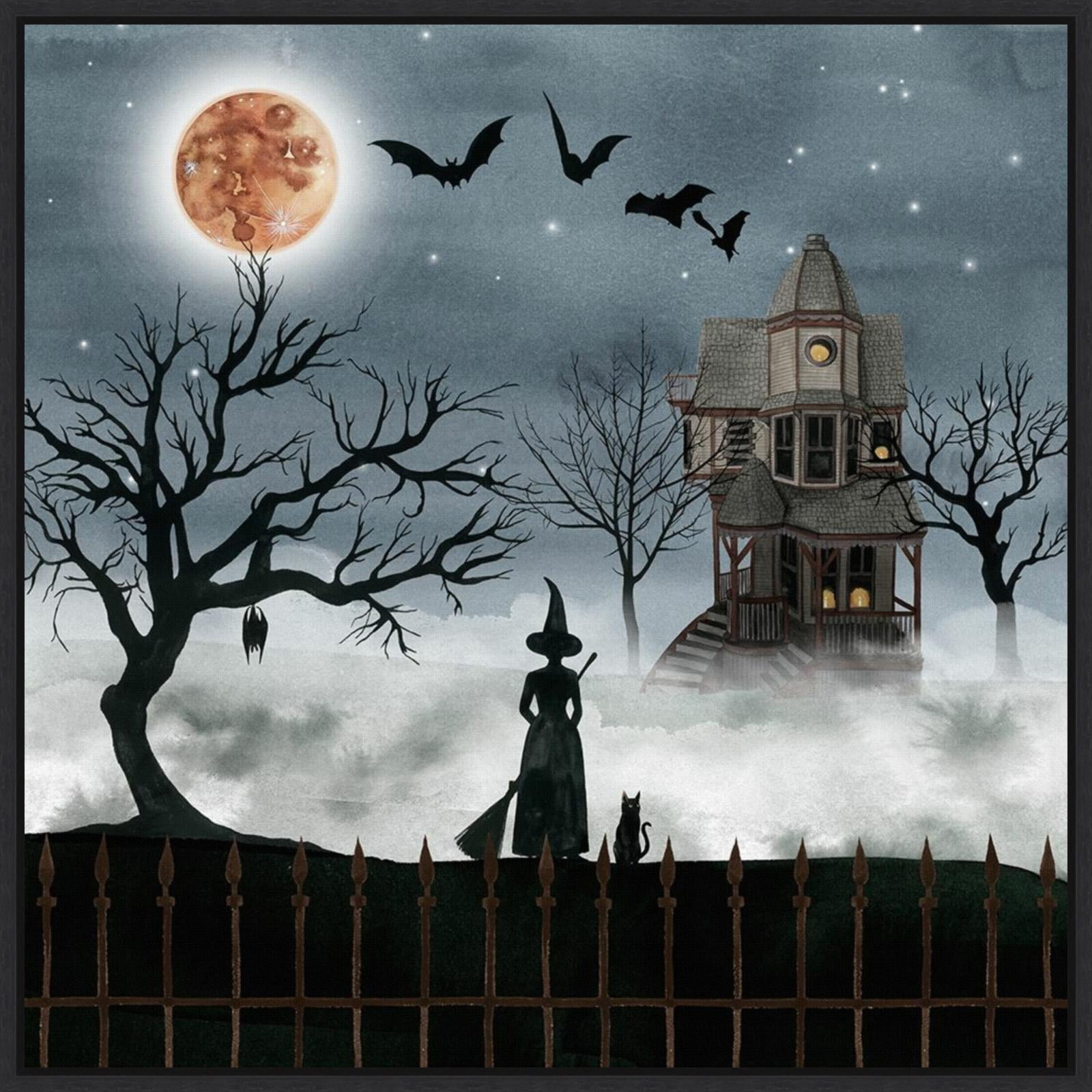 Spooky Halloween Witch and Haunted House Canvas Print