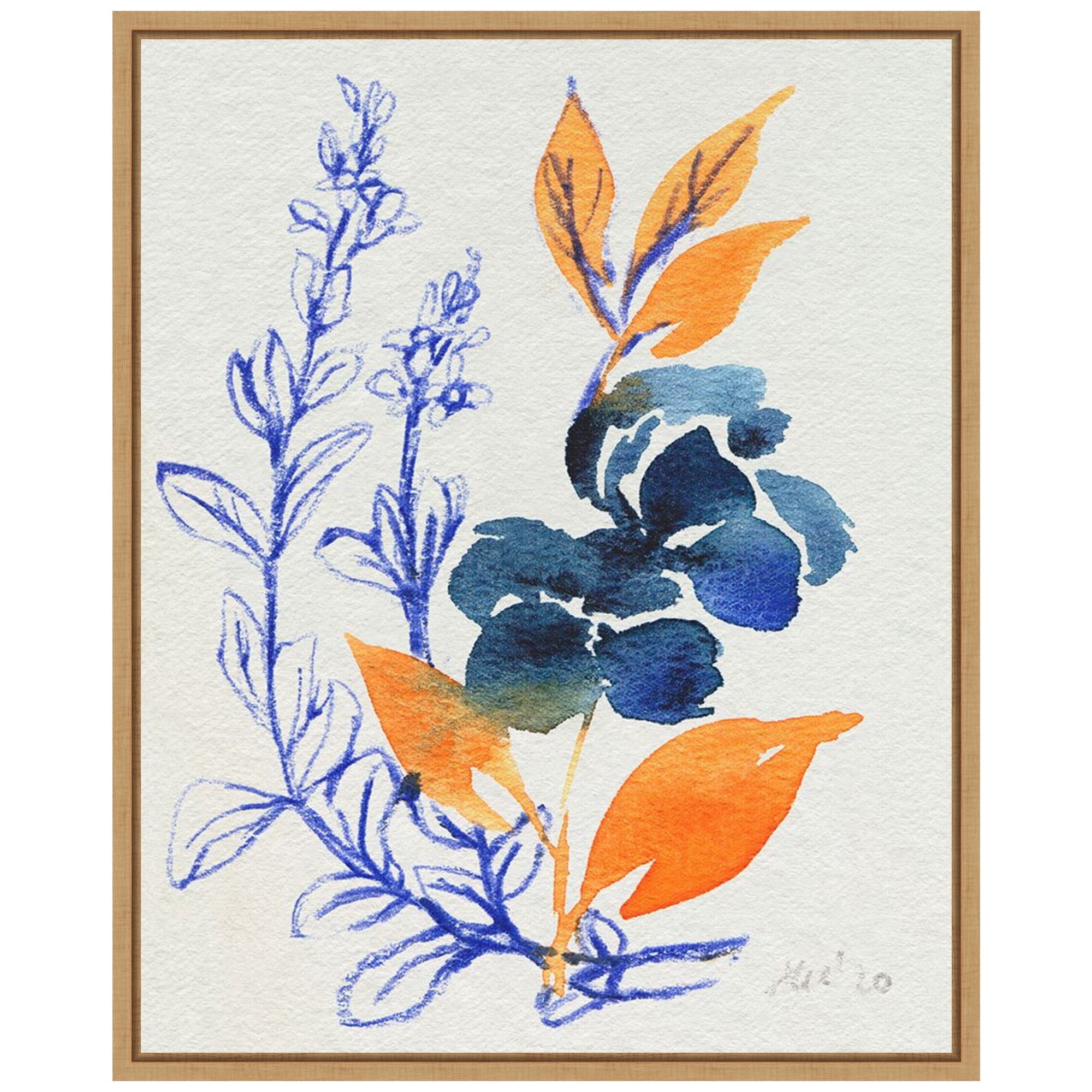 Indigo and Goldenrod Floral Canvas Print with Maple Frame