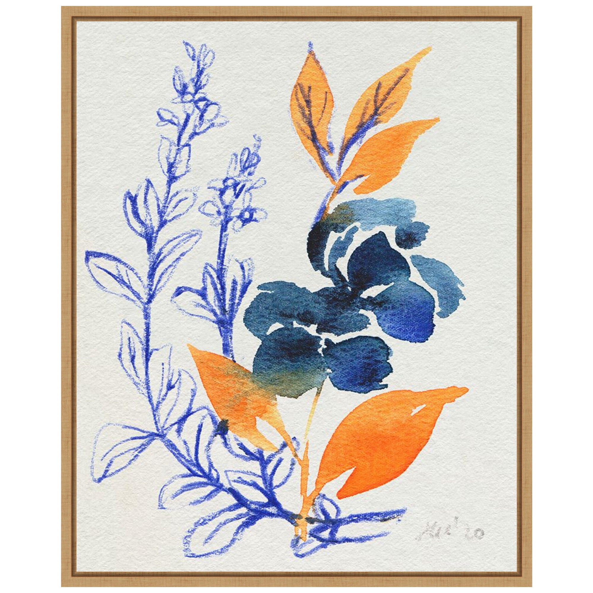 Indigo and Goldenrod Floral Canvas Print with Maple Frame