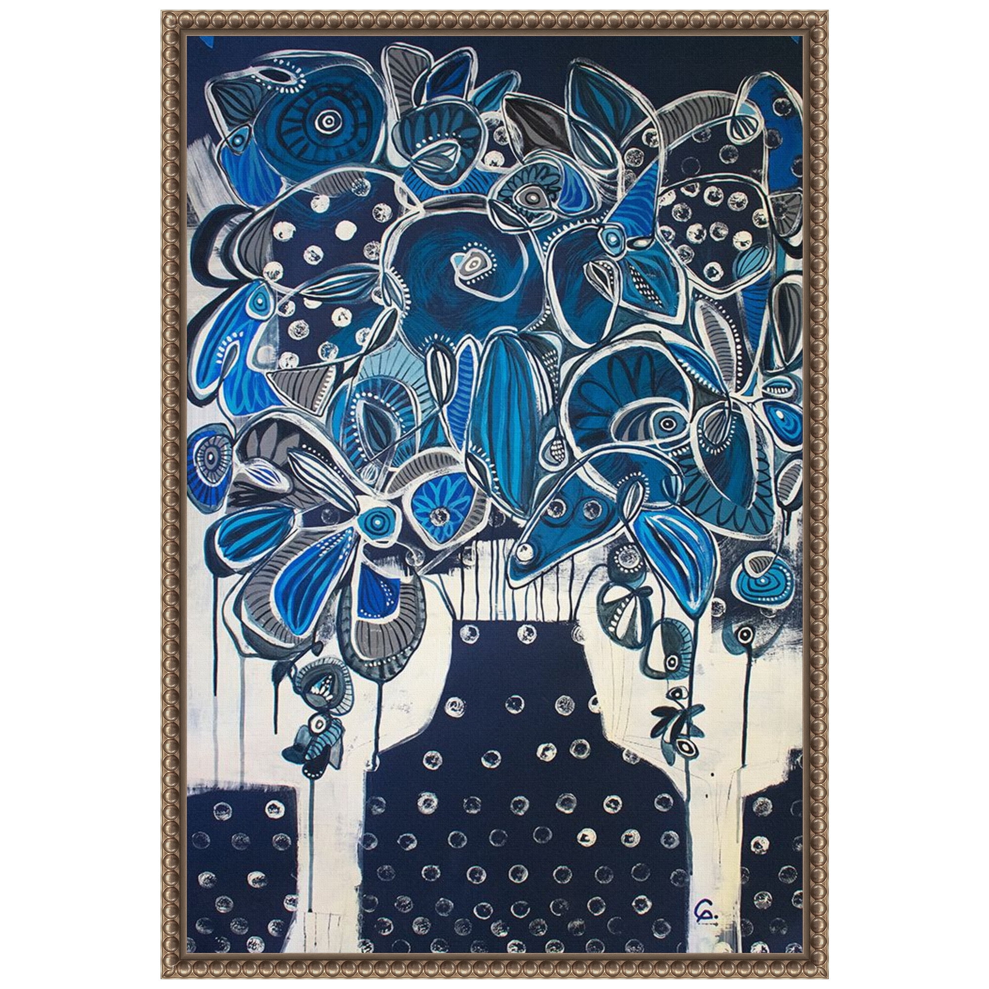 Indigo Floral Abstract Canvas Print with Bronze Floater Frame