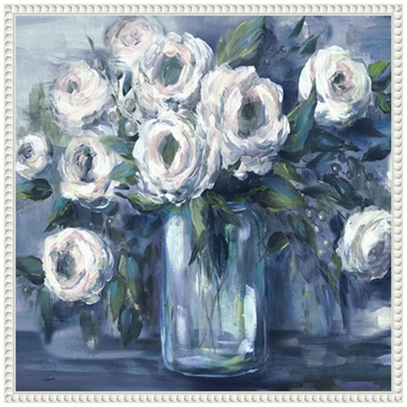 Amanti Art Indigo and White Blooms in Mason Jar Framed Canvas Wall Art Print
