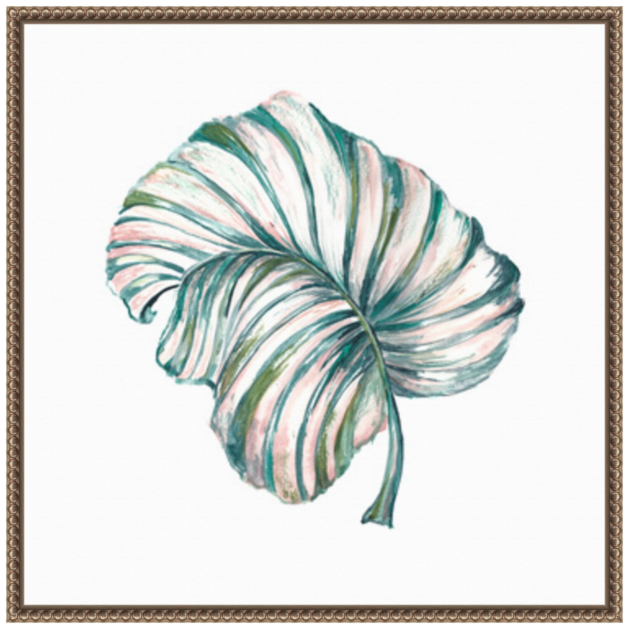 Island Leaf III Green and Pink Canvas Print with Bronze Frame