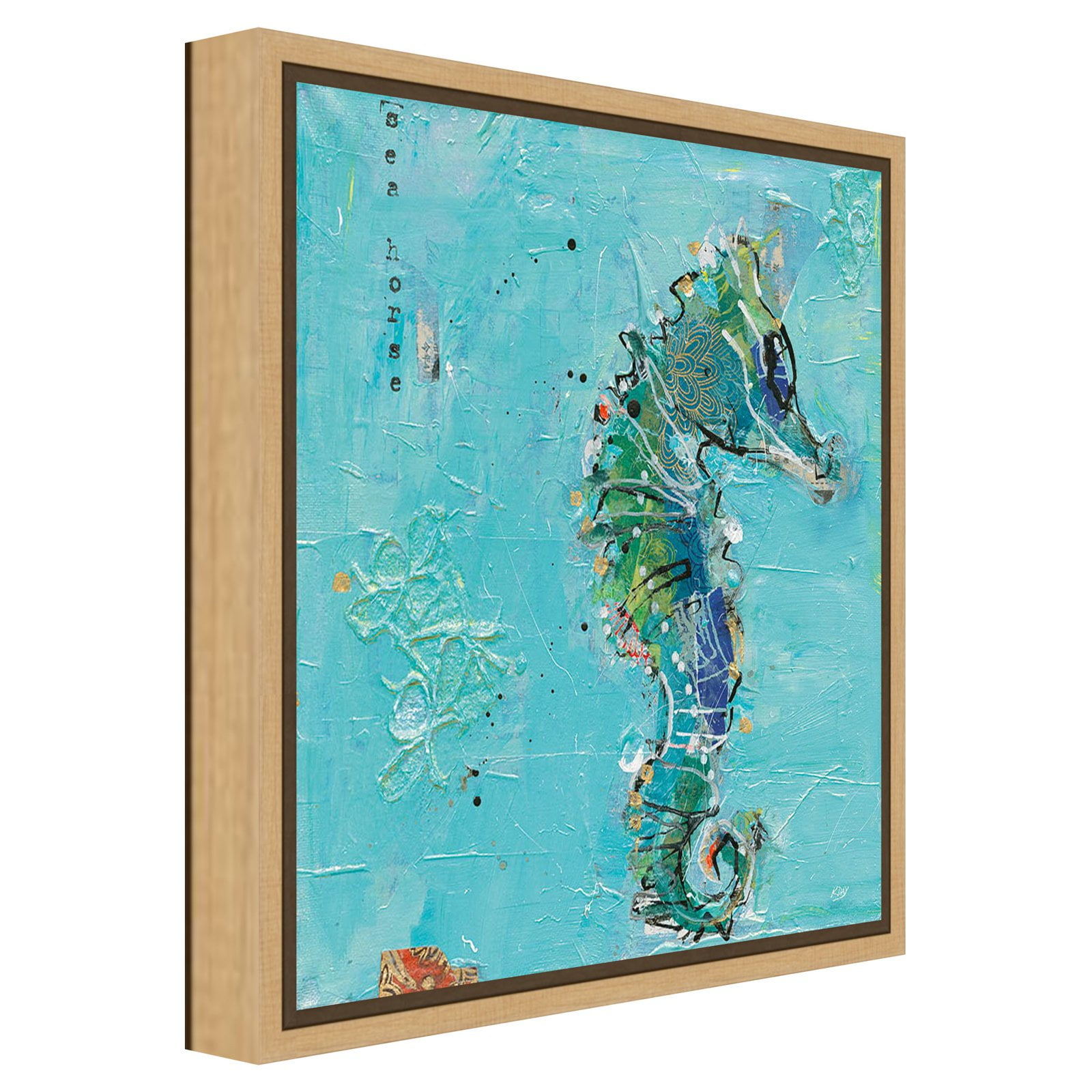 16-inch Blue and Green Seahorse Canvas Print with Wood Frame