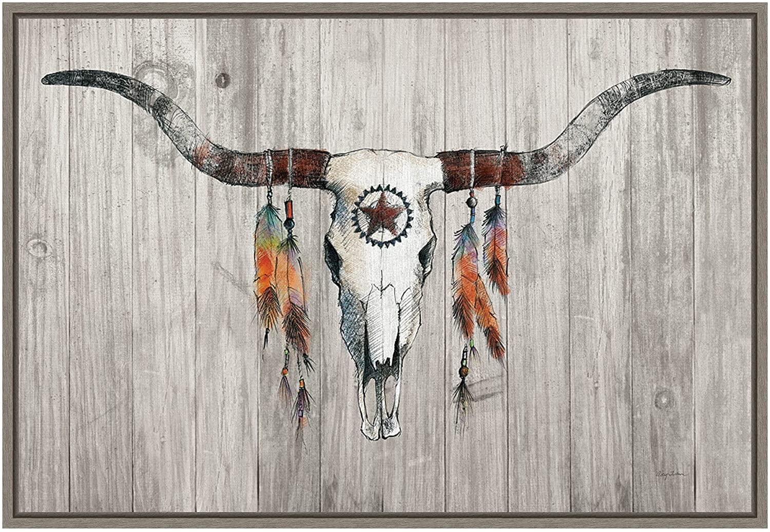 Rustic Longhorn Skull with Feathers Framed Canvas Art