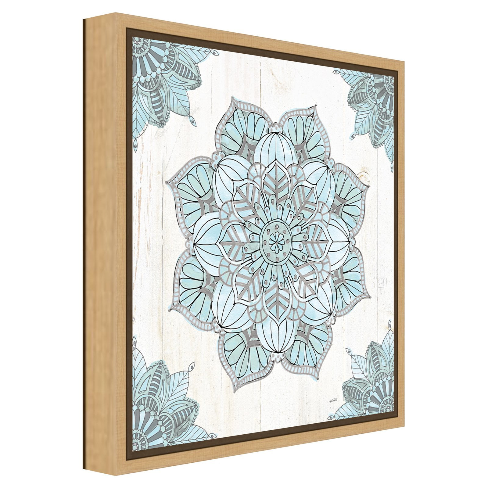 16-inch Blue and Gray Abstract Mandala Canvas Print with Natural Frame
