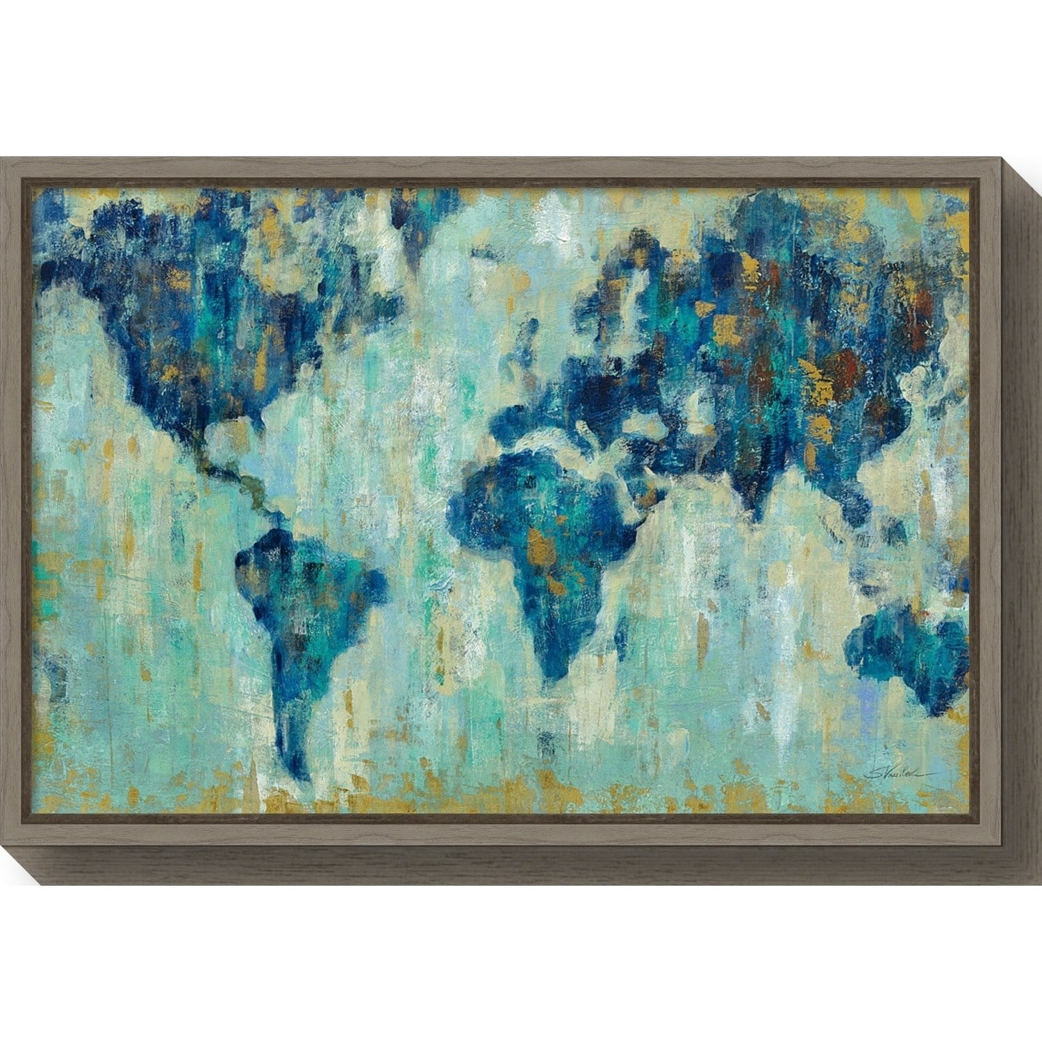 Impressionist Blue and Gold World Map Canvas Print with Gray Frame