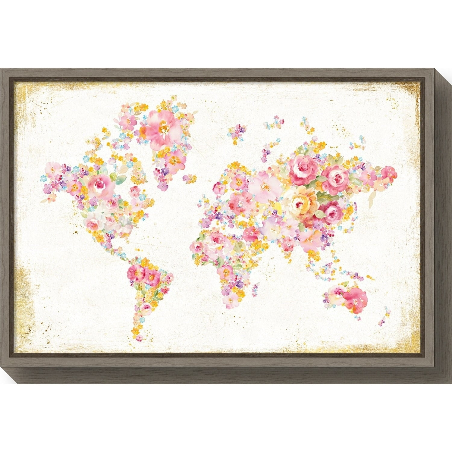 Floral World Map Canvas Print with Gray Polystyrene Frame