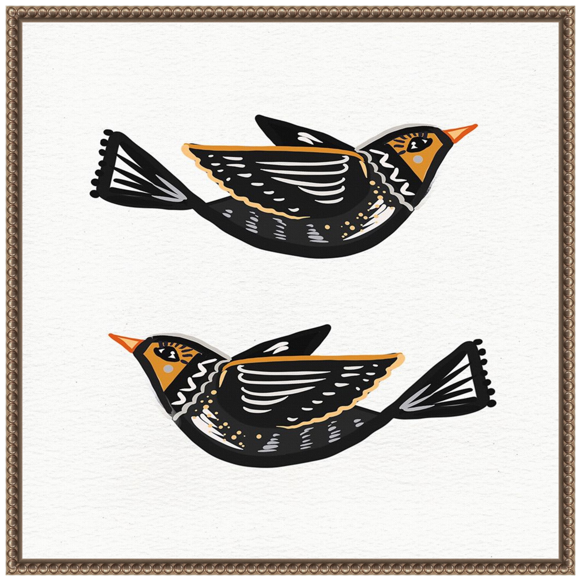 Nordic Folk Birds Abstract Canvas Wall Art with Beaded Frame