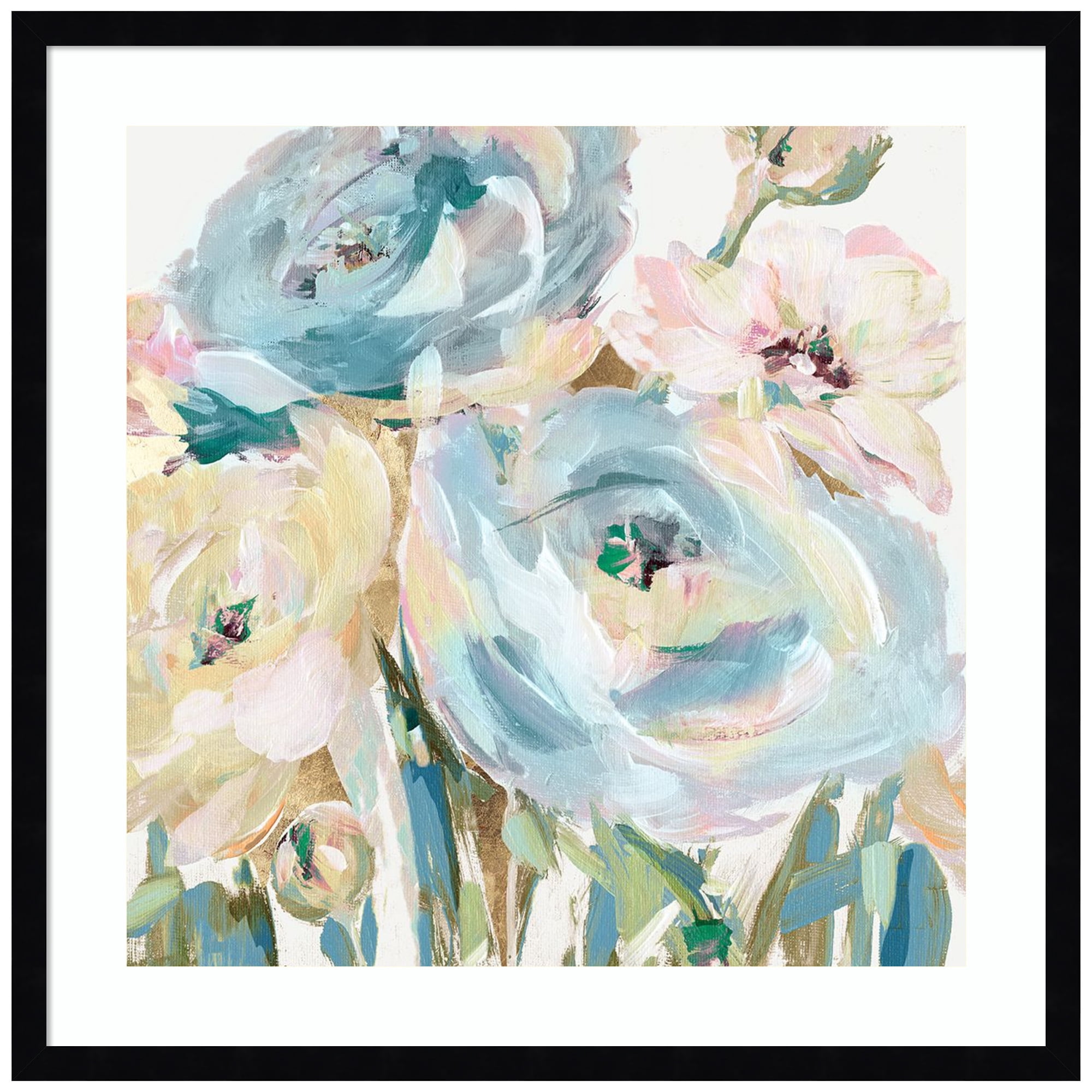 Pastel Floral Abstract Lithograph with Black Wood Frame, 25 x 25