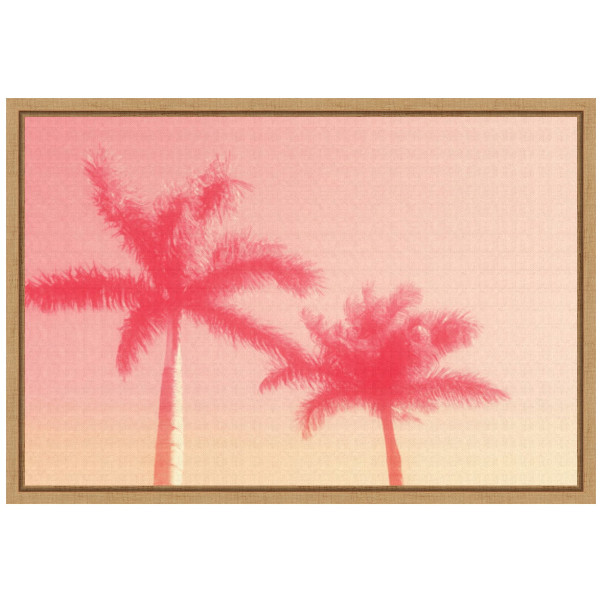 Palm Trees in Pink Scenic Landscape Canvas Wall Art with Maple Frame