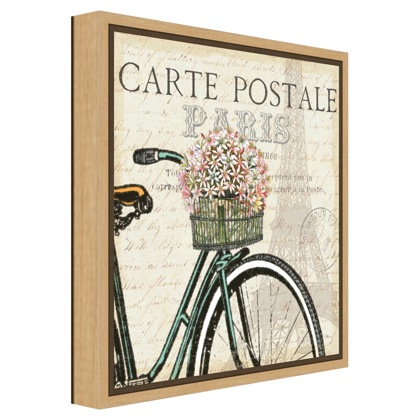 Paris Ride Bicycle with Flowers Canvas Wall Art in Gray Frame