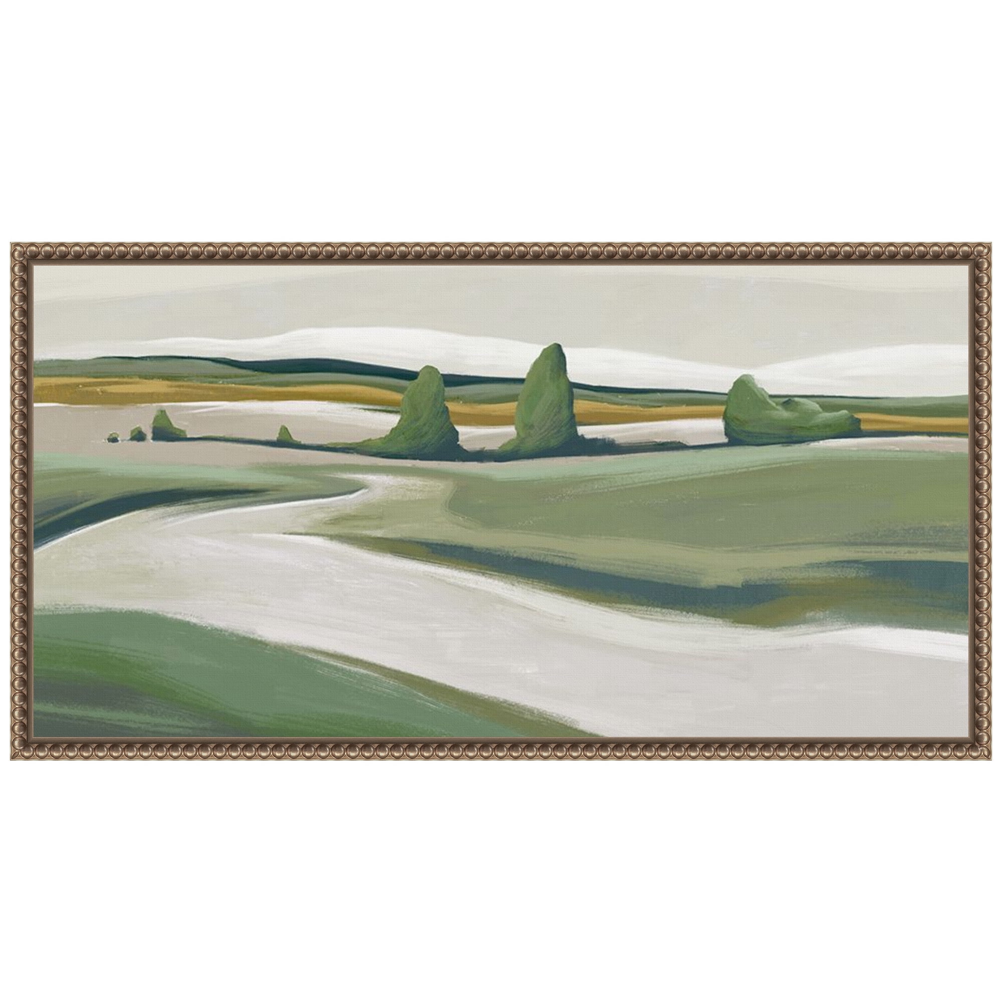 Peaceful Green Landscape Lithograph on Canvas with Brown Frame
