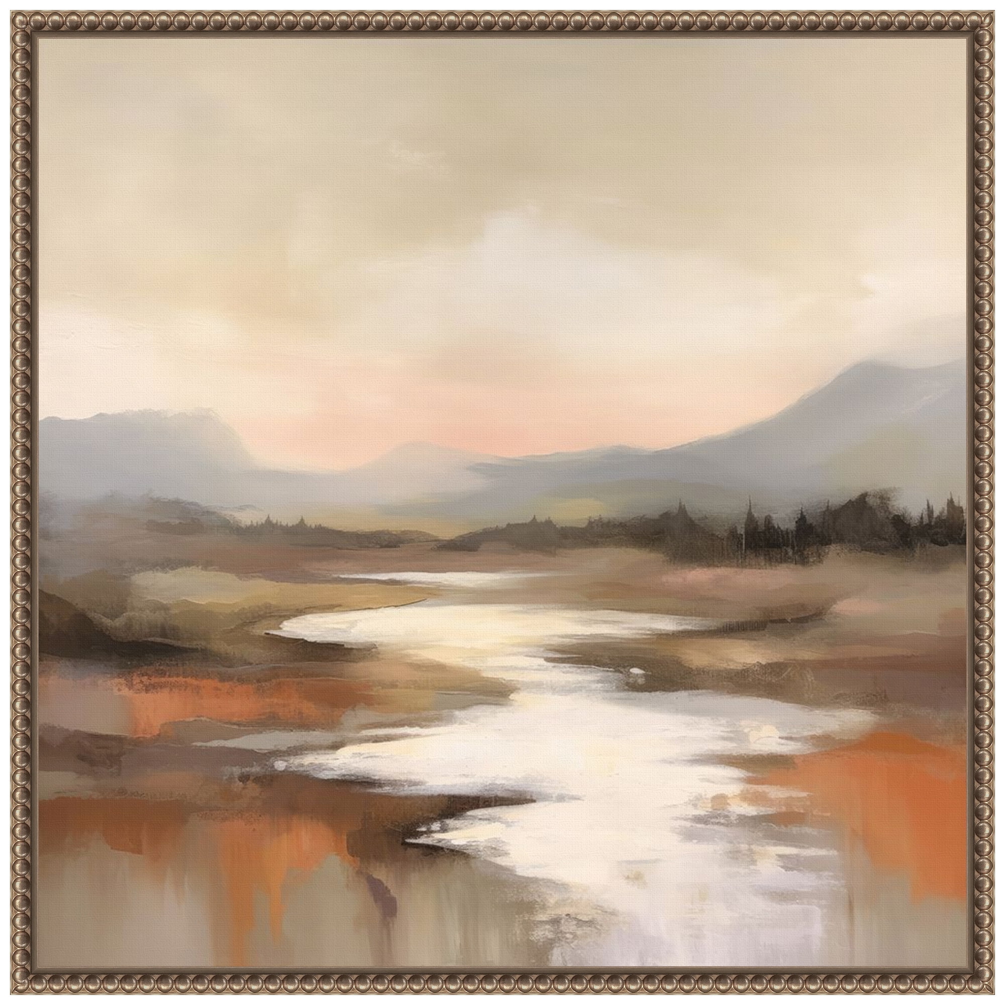 Peaceful Earth Tones River View Canvas Print with Brown Frame