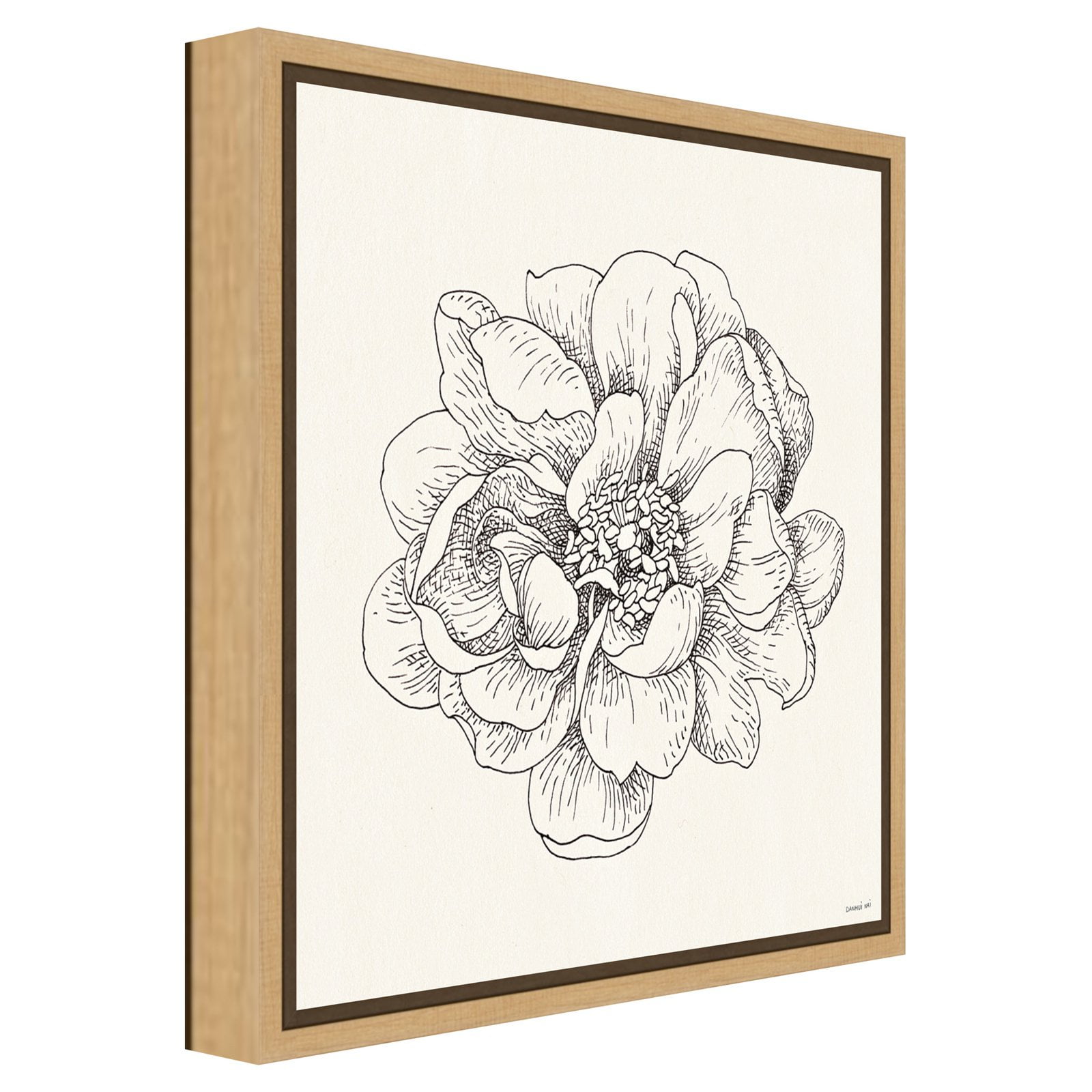 16" x 16" Greywash Framed Pen and Ink Floral Canvas Art
